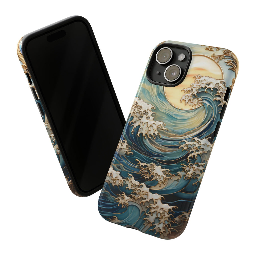 Ocean Waves & Sun Rays Stained Glass Design Illusion Print Tough Phone Case For iPhone 16 15 14 13 Tough or Magsafe, Galaxy S25, Pixel, 343