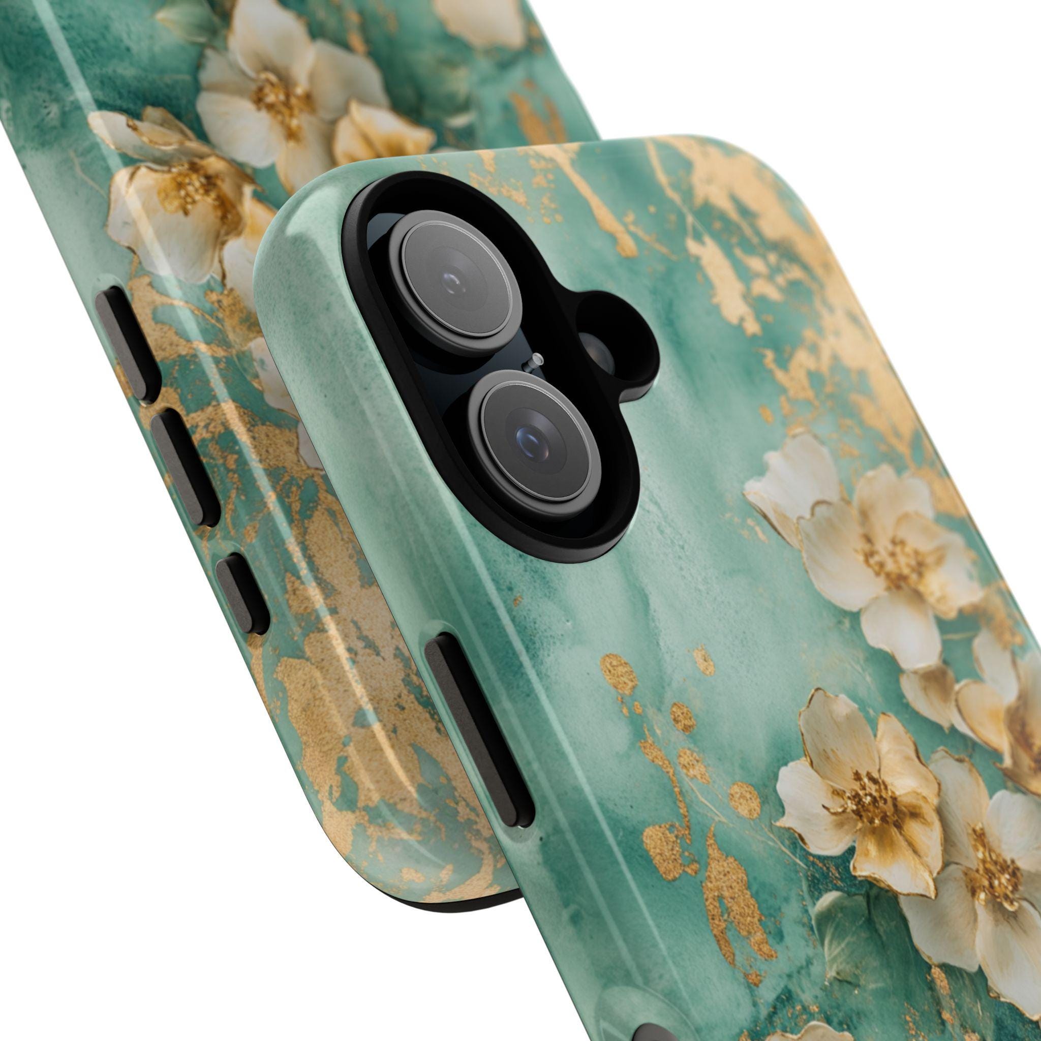 Pastel Golden Flowers Art Phone Case, Glitter Floral Design, Romantic Blossom Phone Cover for iPhone 16 15 Pro Max Plus, Samsung S24, 436.3