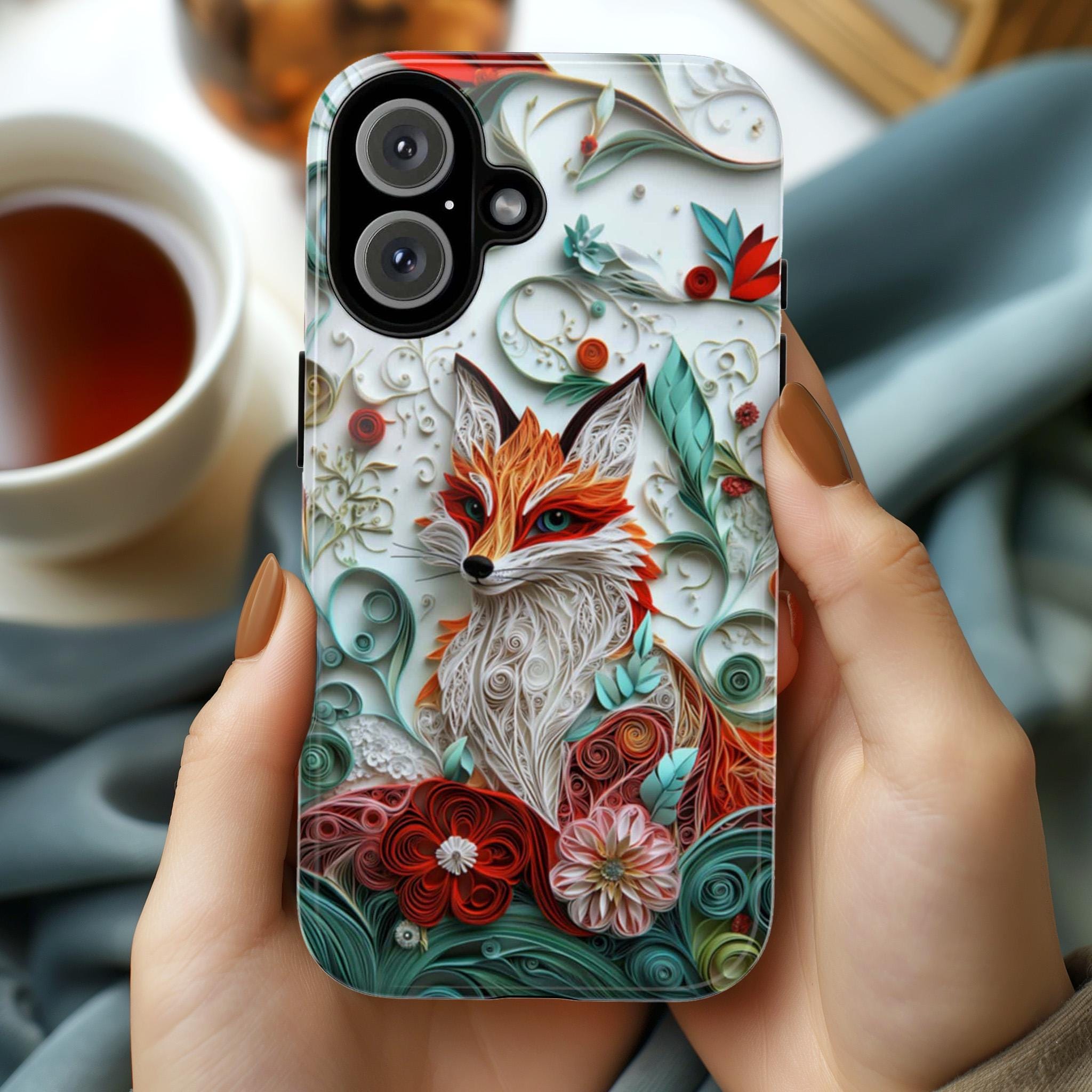 3D Paper Art Fox Phone Case with Floral Design | Nature Woodland Animal Phone Cover for iPhone 17 16 15 Tough or Magsafe, Samsung, 470.19