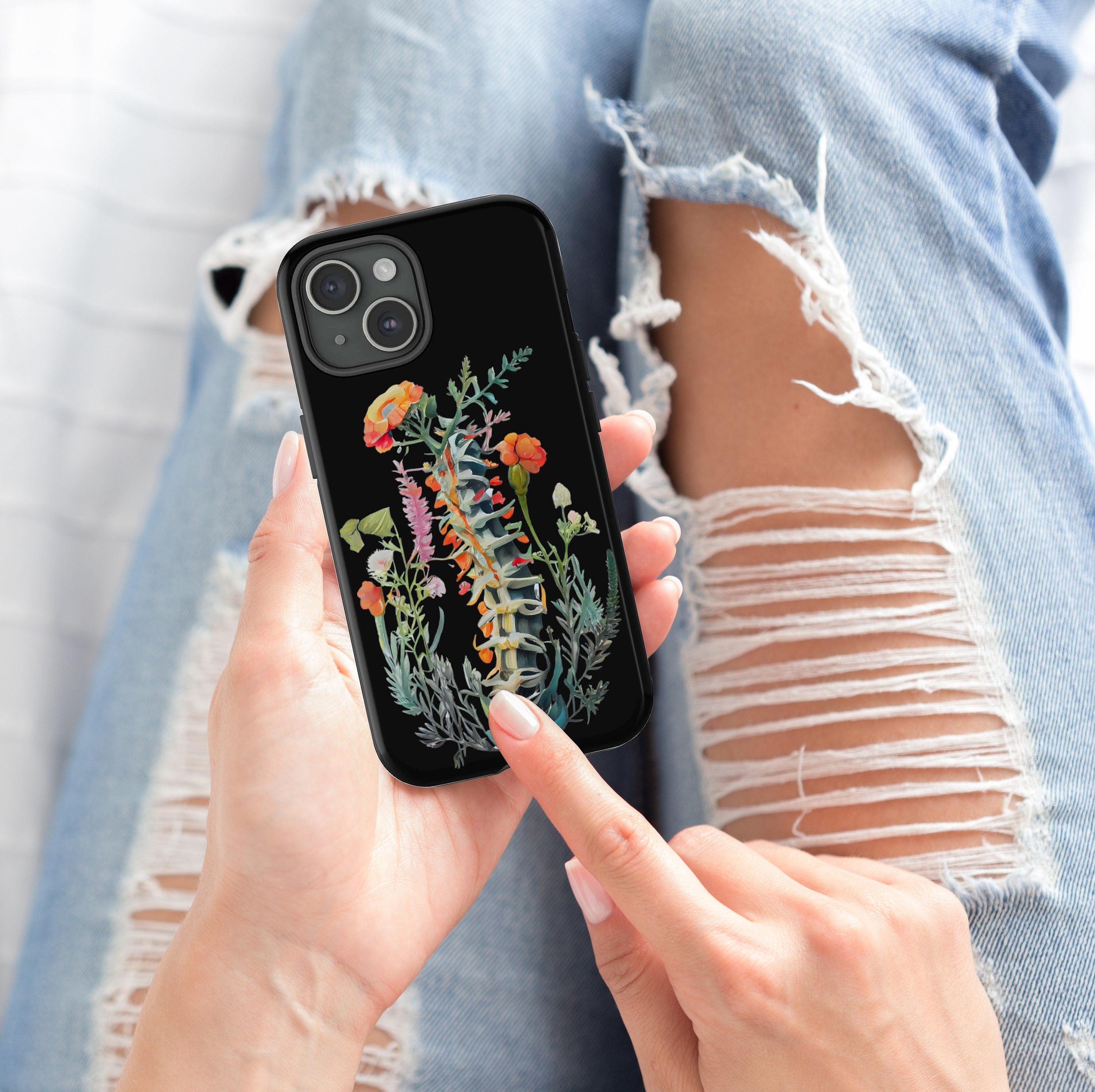 Floral Spine Anatomy Phone Case, Watercolor Phone, Human Spinal Column Cover for iPhone 16 15 14 13 12 Pro Max Plus / Galaxy S25, 314