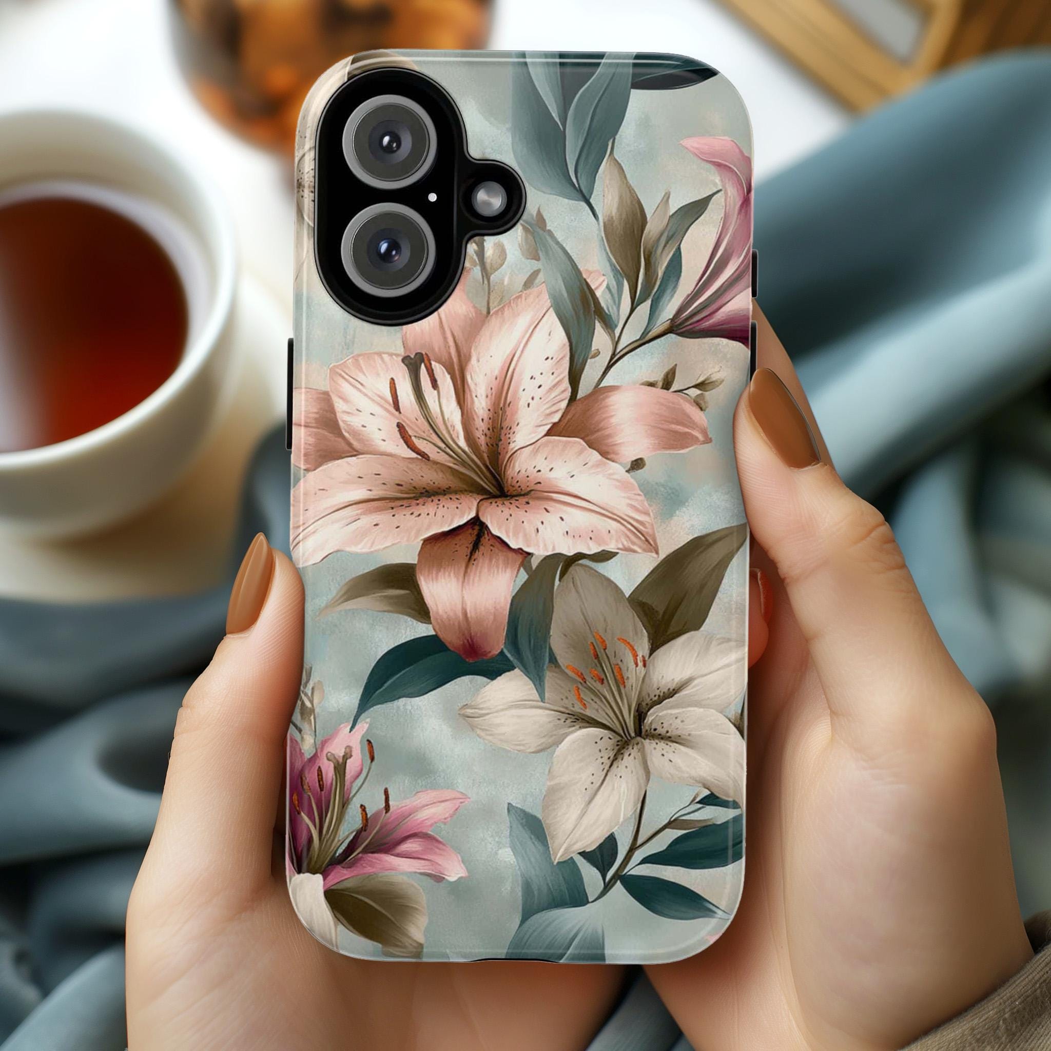 Pastel Floral Phone Case with Elegant Lily Design, Soft Aesthetic Cover for iPhone and Android, Romantic Nature-Inspired Gift, 477.2