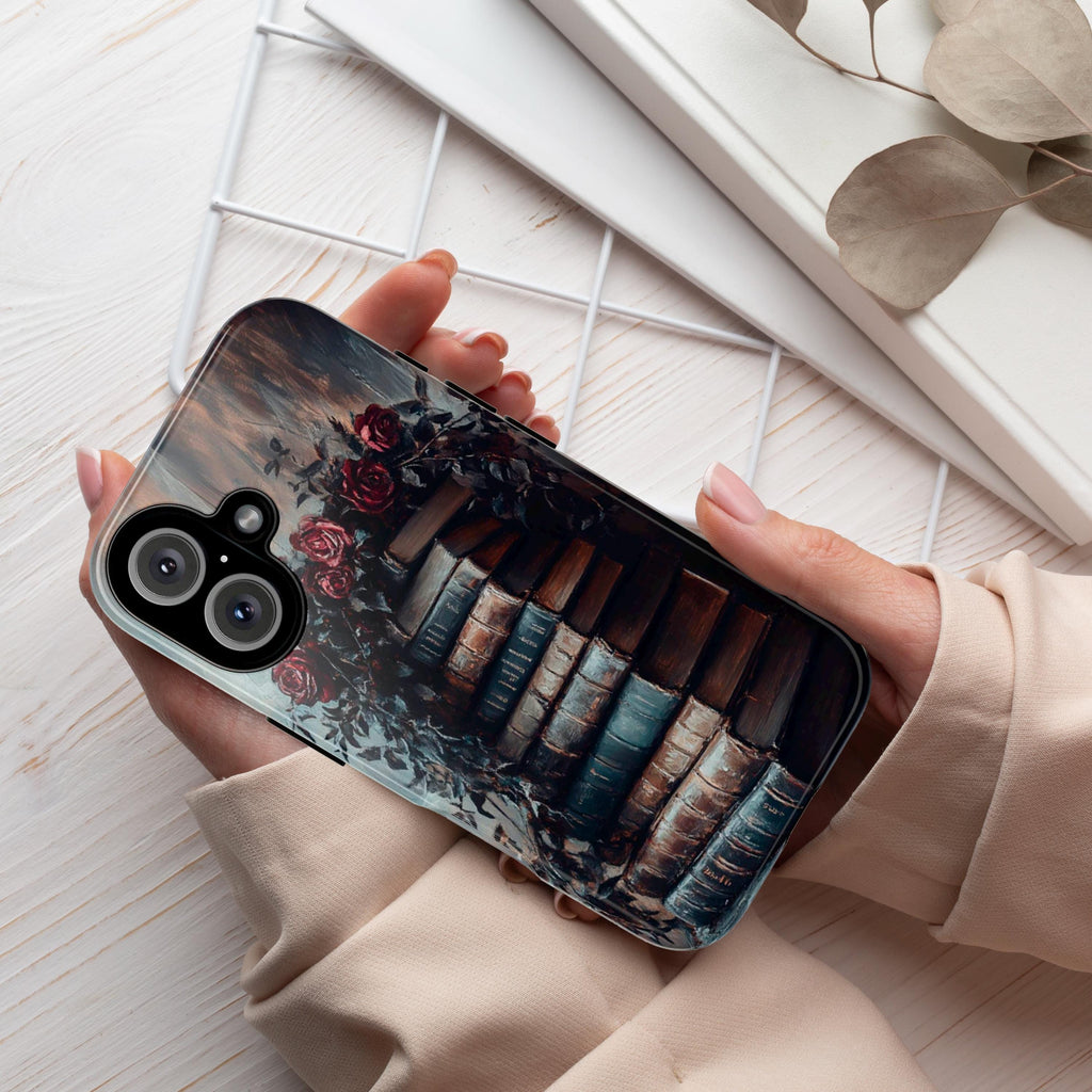 Dark Library Floral Phone Case, 3D Books and Flowers Case, Gothic Dark Academia for iPhone Magsafe 16, 15, 14, 13 & Samsung, Pixel 9, 423.18