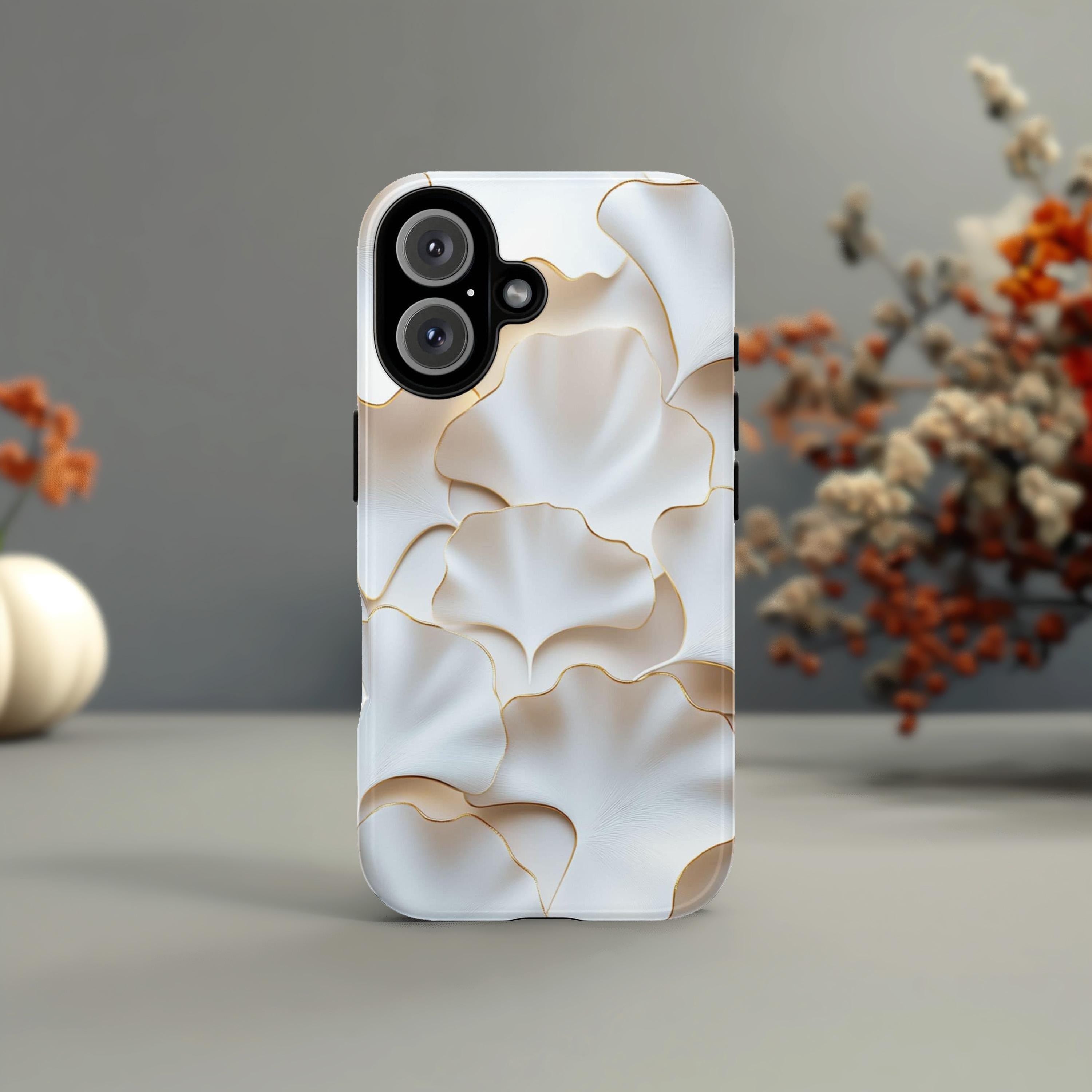 White Ginkgo Leaf Phone Case, 3D Style Gold Edged Design, Botanical Art Case for iPhone 16 15 14 13 Magsafe Pro Max, Samsung S25, 439.61