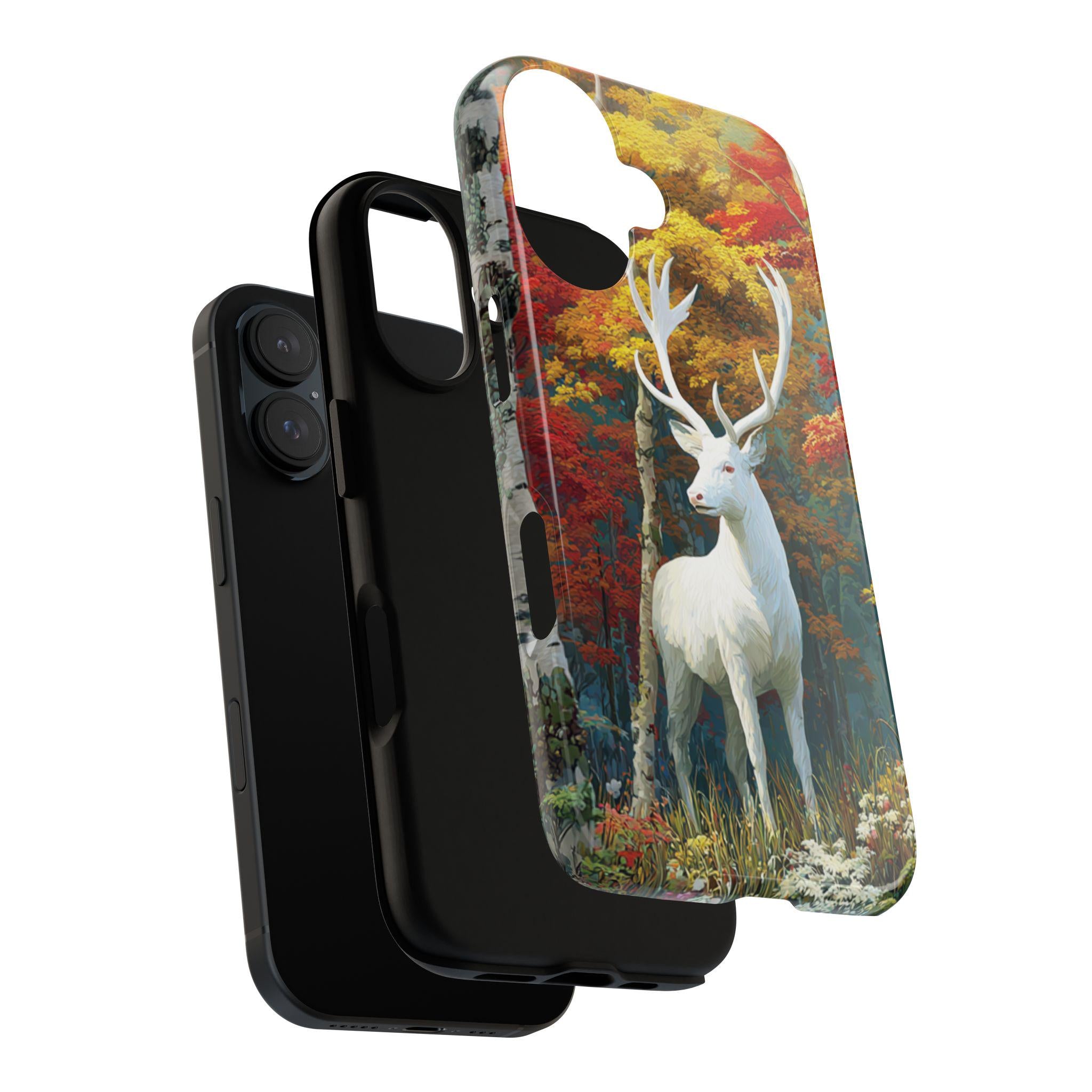 Fall Forest Phone Case with Deer and Vibrant Autumn Leaves, Nature Cozy Autumn Phone Case for iPhone 16 15 Tough or Magsafe, Samsung, 480.1
