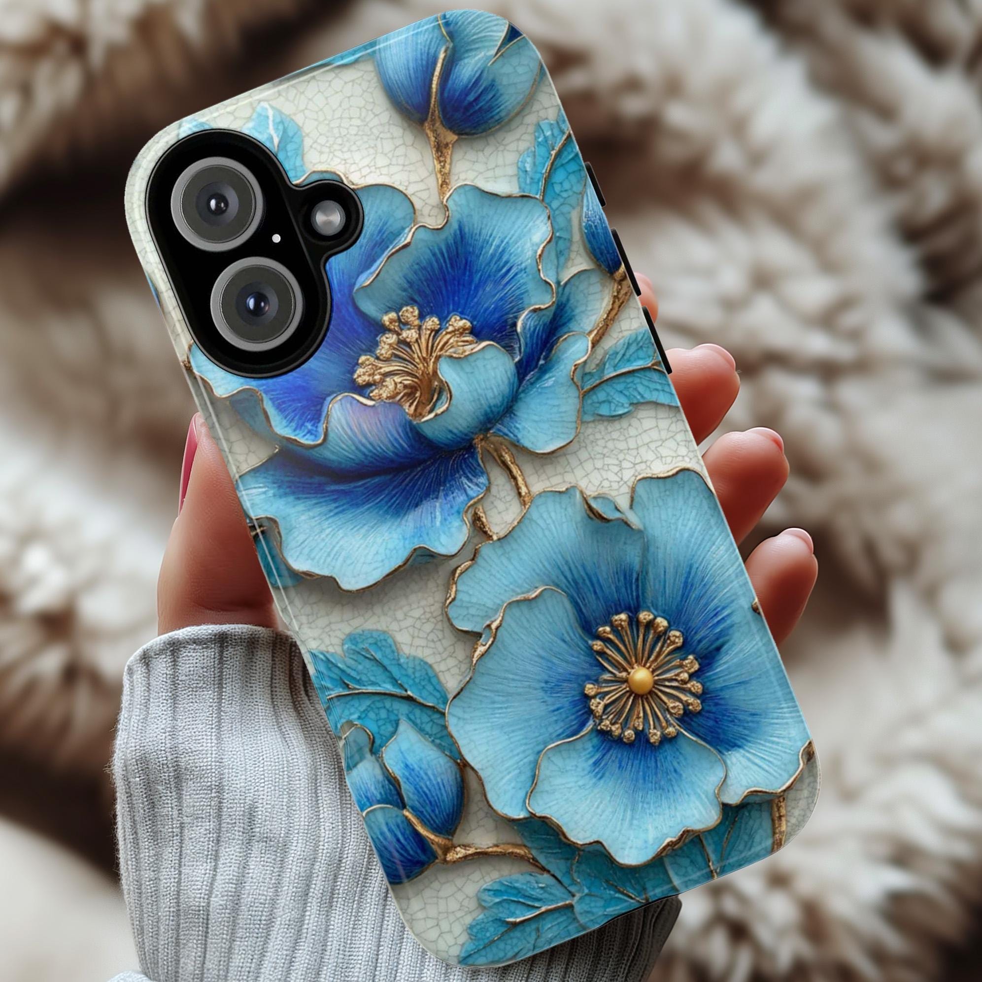3D Turquoise Blue Floral Phone Case, Elegant Mosaic Design Stylish Accessory Textured 3D Effect for iPhone Tough or Magsafe, Samsung, 476.13