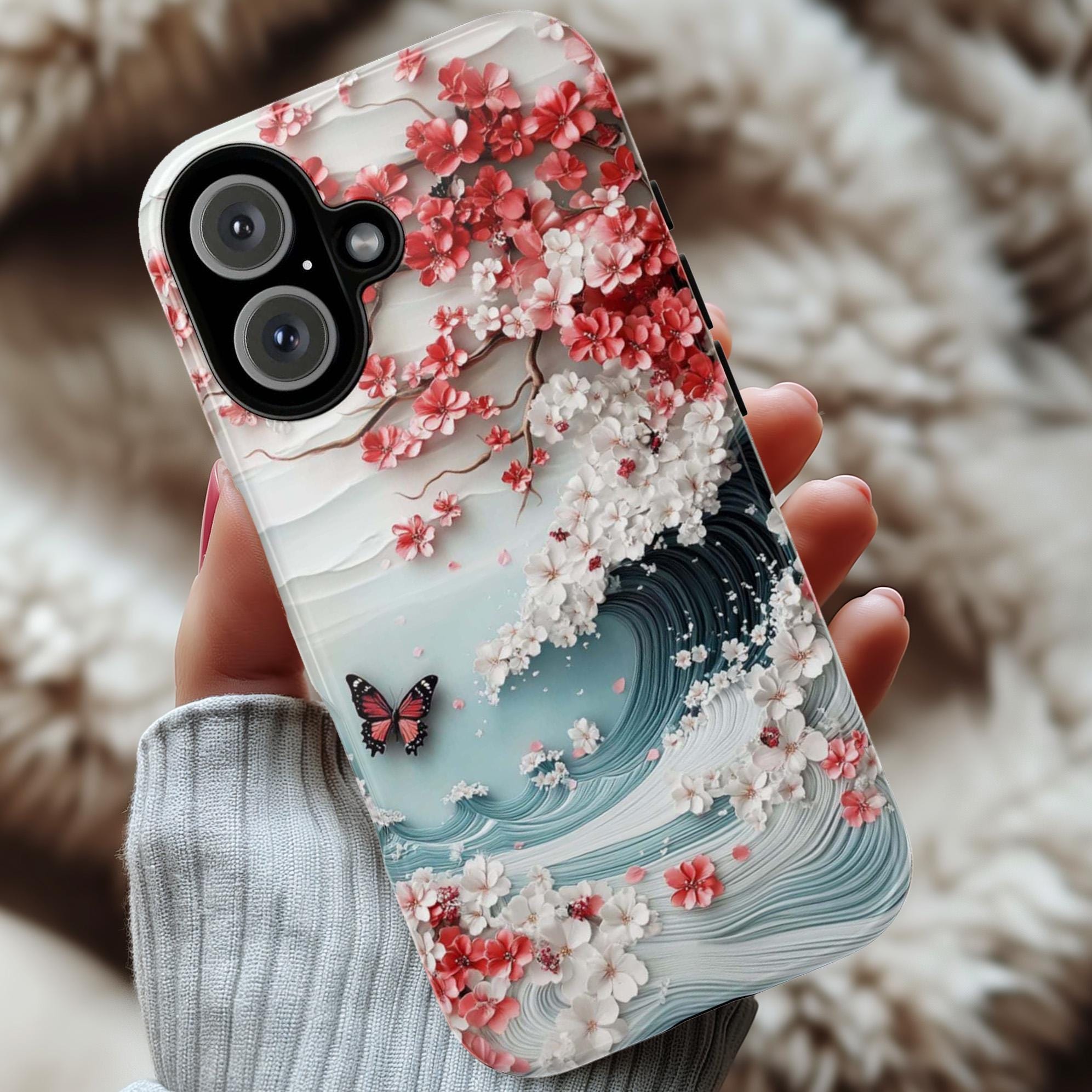 Japanese Cherry Blossom Wave Phone Case, 3D effect Floral & Butterfly Art Design for iPhone 16 15 14 Tough or Magsafe, Samsung S25, 469.7