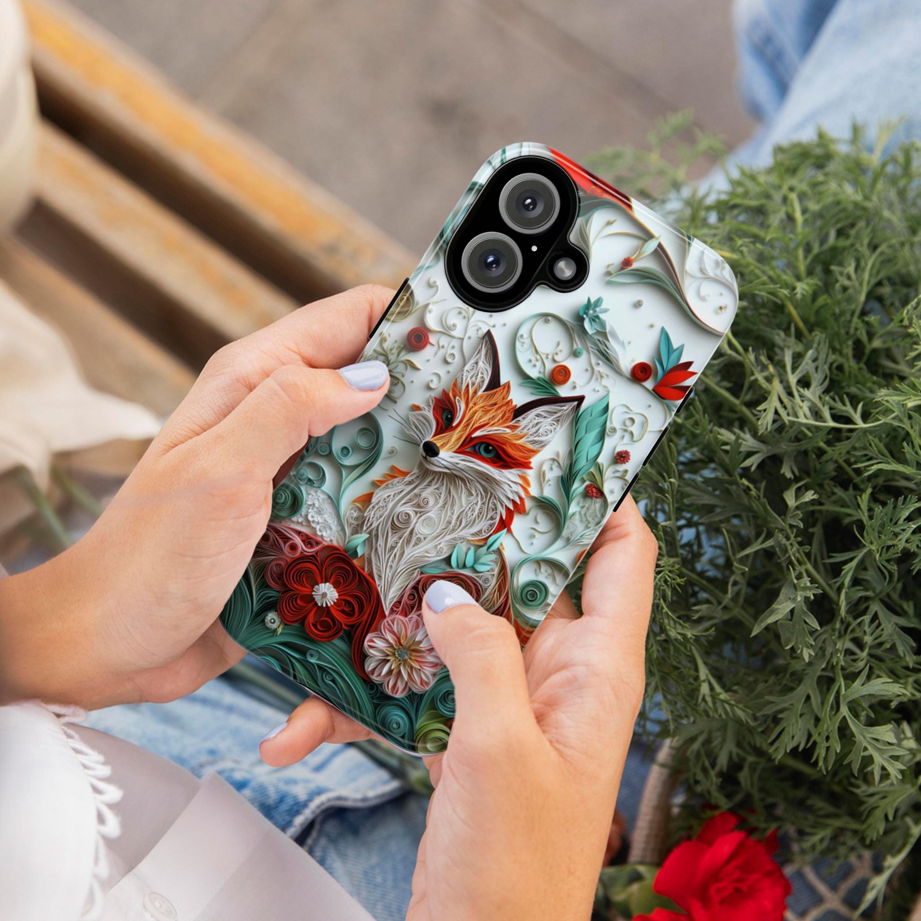 3D Paper Art Fox Phone Case with Floral Design | Nature Woodland Animal Phone Cover for iPhone 17 16 15 Tough or Magsafe, Samsung, 470.19