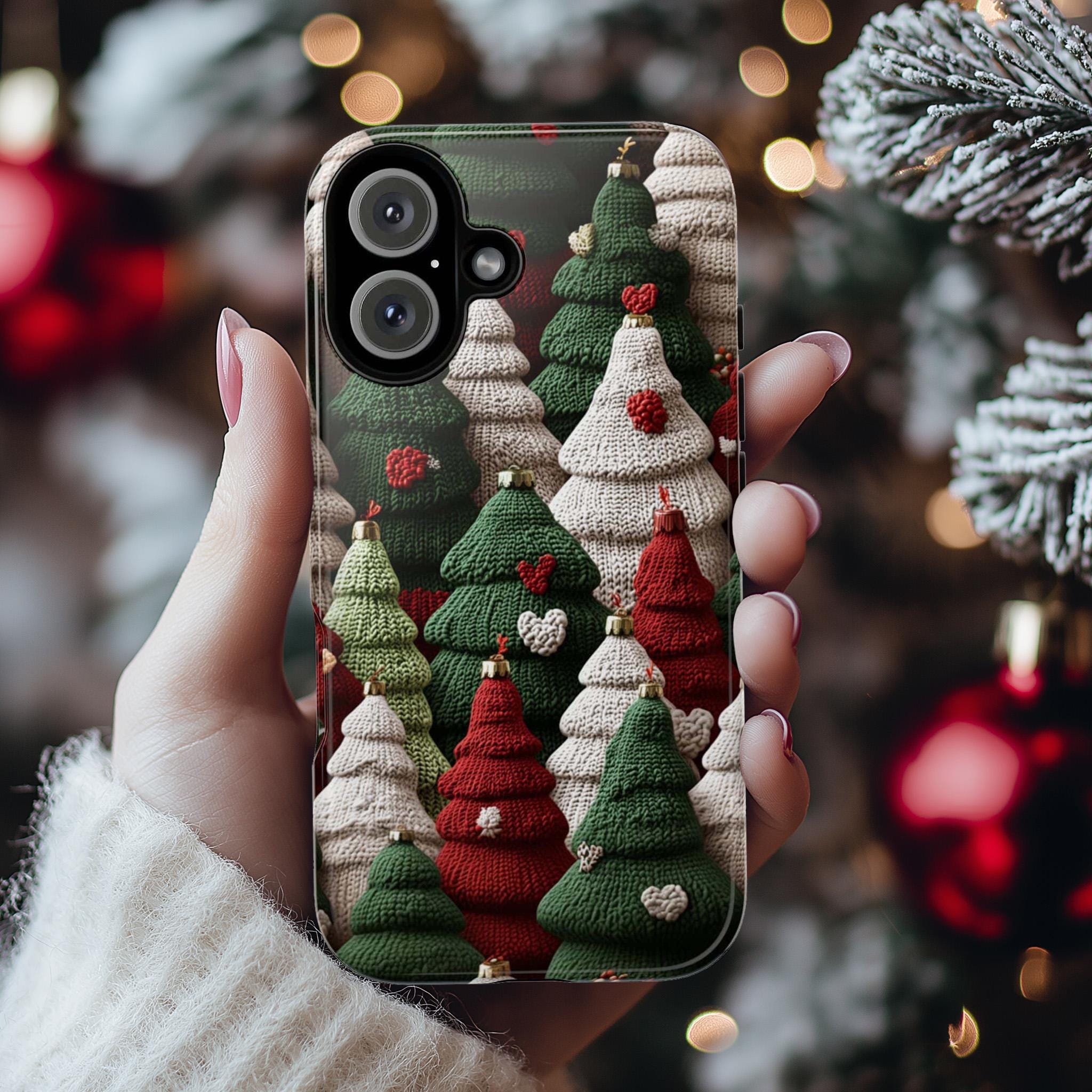 Christmas Tree Red Green White Phone case Knitted effect - Winte Holiday Phone cover for iPhone 16 15 14 13 Magsafe Plus, Samsung S24, 443.1