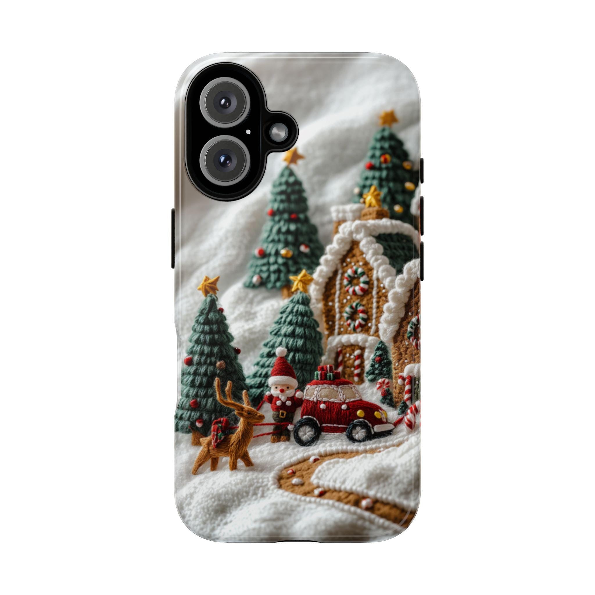 Winter Scene Embroidery MagSafe Phone Case, Cozy Winter Forest with Gingerbread House Phone 15 14 13 12 Pro Max Plus / Samsung S24, 444.11