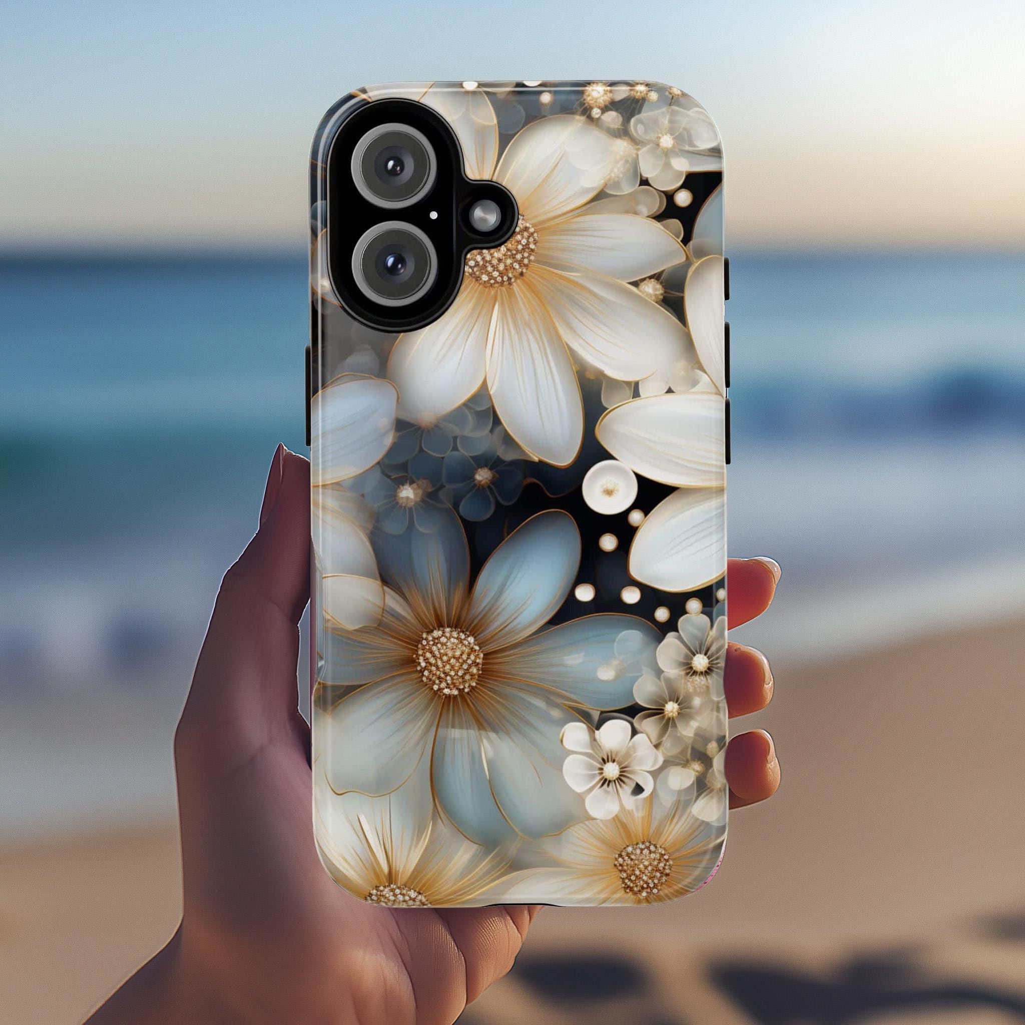 Daisy Flowers Stained Glass Phone Case, Gold & White Floral, Aesthetic Art Floral Cover for iPhone 16 Magsafe, Galaxy S25 Pixel 9, 333.1