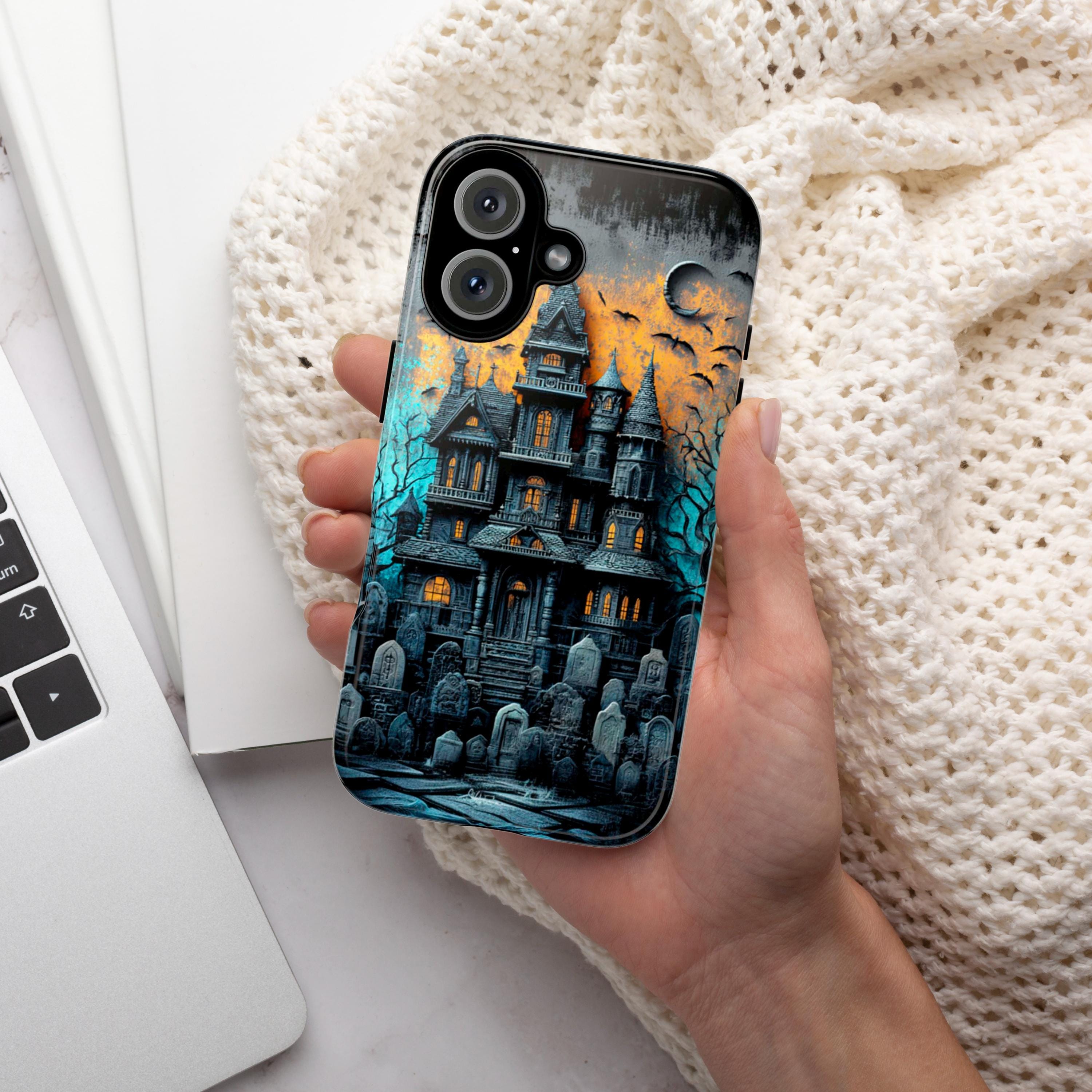 Halloween Haunted House Phone Case, Creepy Gothic Horror Phone Cover, Spooky Lovers for iPhone 16 15 14 13 Tough or Magsafe, Samsung, 475.8
