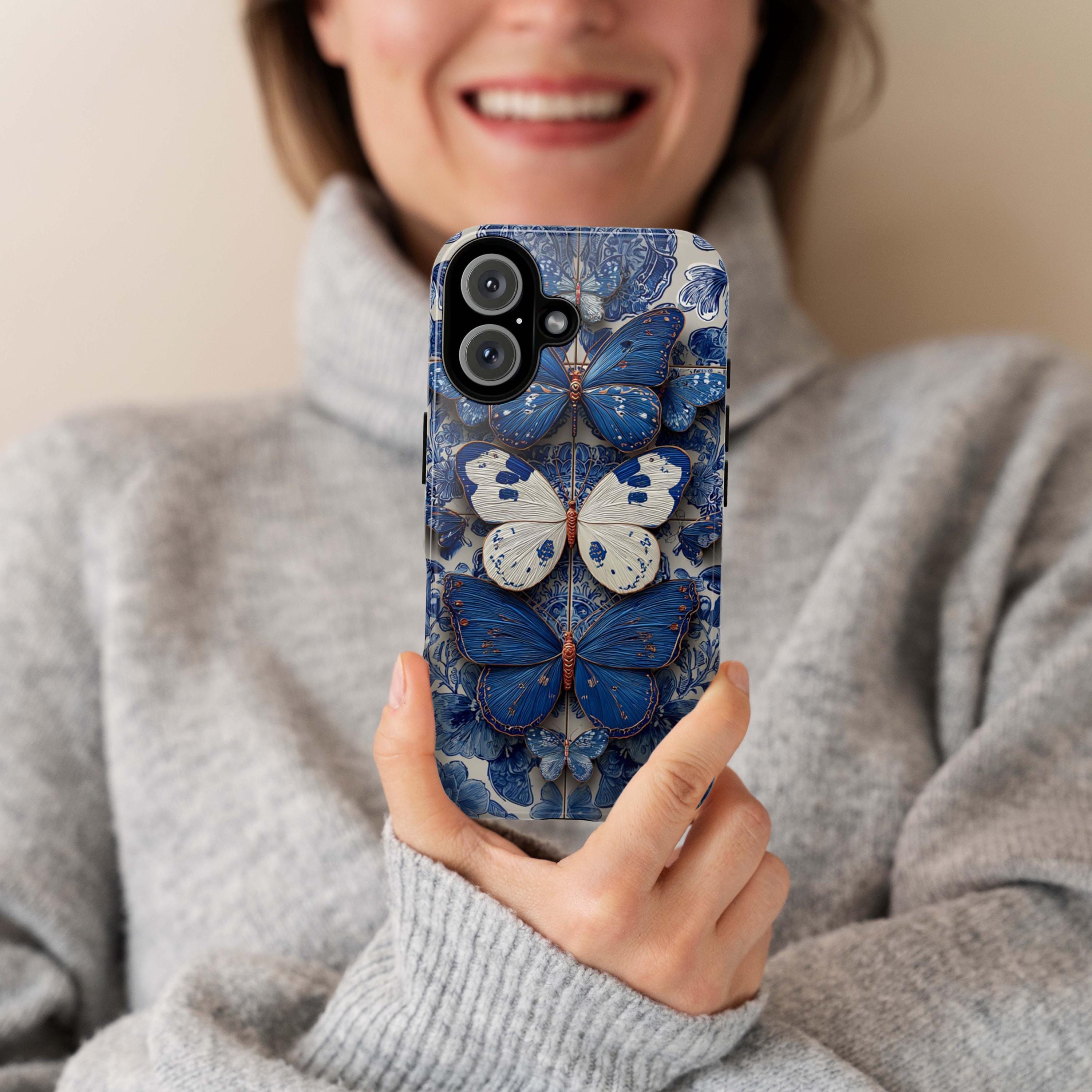 3D Blue Butterfly Phone Case with Tile Effec, Artistic Protective Smartphone Cover for iPhone Tough or Magsafe, Samsung, 476.27