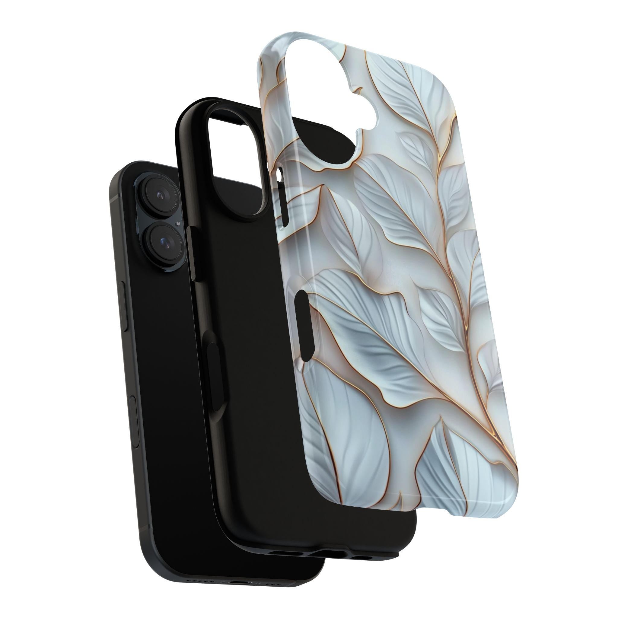 White and Gold Leaves Phone Case, Plant Lover Gift, 3D White Leaf Elegant Case for iPhone 16 15 14 13 Magsafe Pro Max, Samsung S25, 418.28