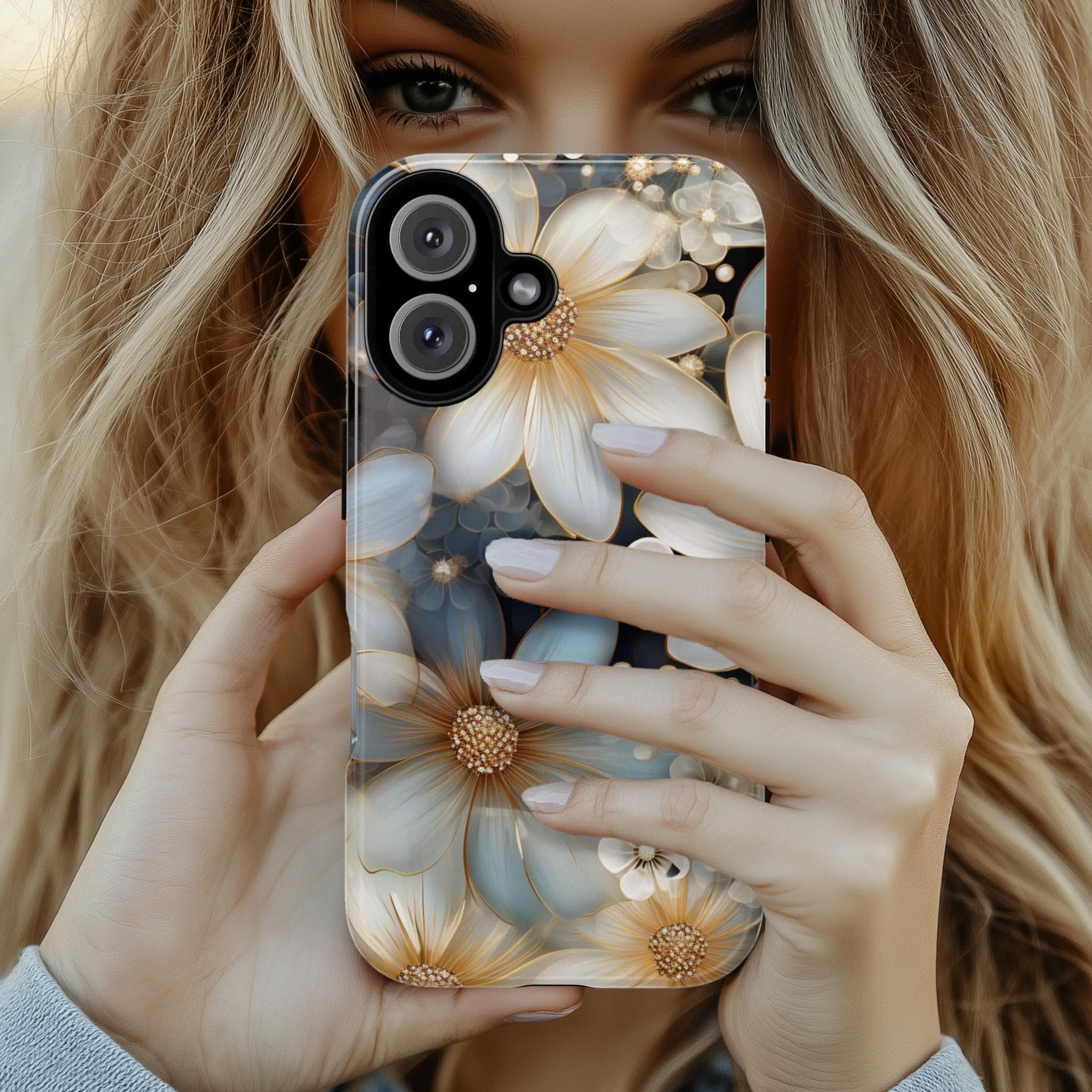 Daisy Flowers Stained Glass Phone Case, Gold & White Floral, Aesthetic Art Floral Cover for iPhone 16 Magsafe, Galaxy S25 Pixel 9, 333.1