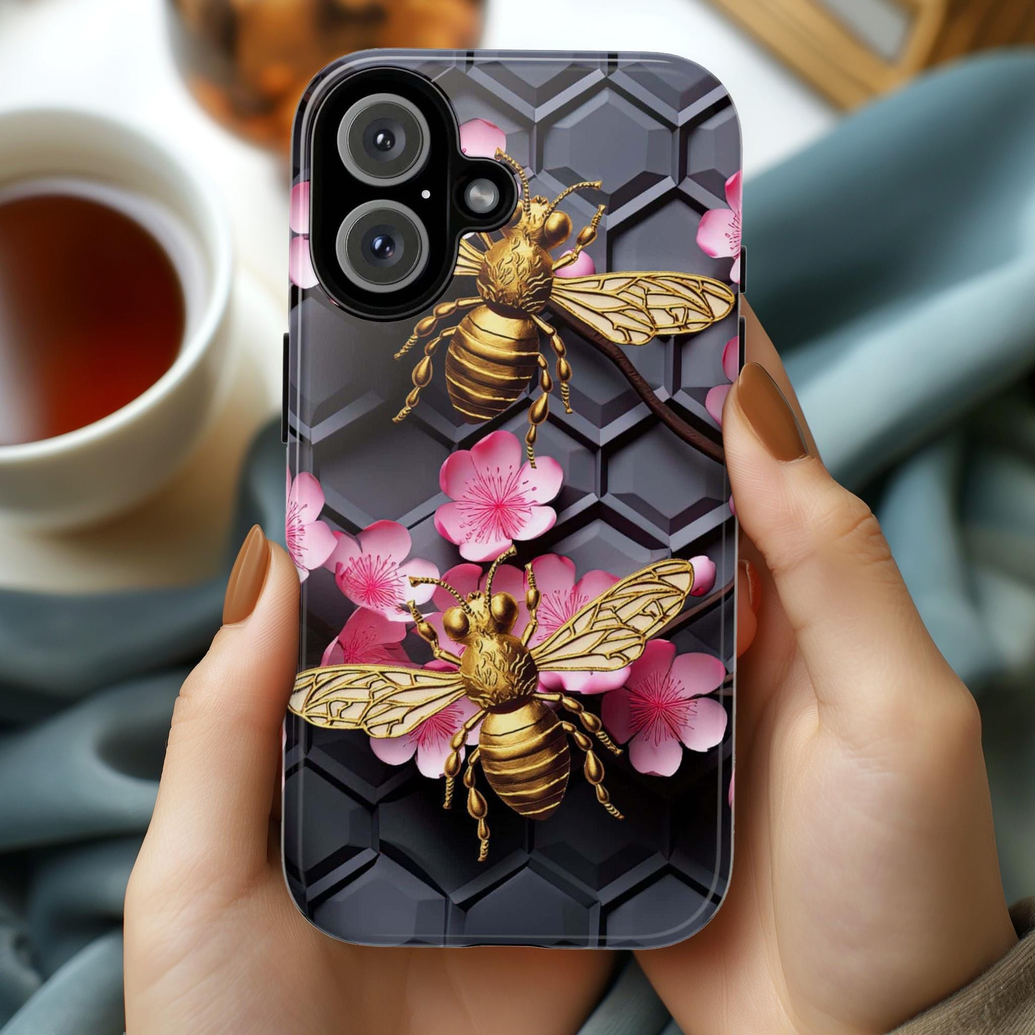 Bumble Bee Floral Lover Phone Case, Honeycomb Bees Phone Cover, Honey Bee Case for iPhone 16 15 14 13 Magsafe / Samsung S25, 102.5