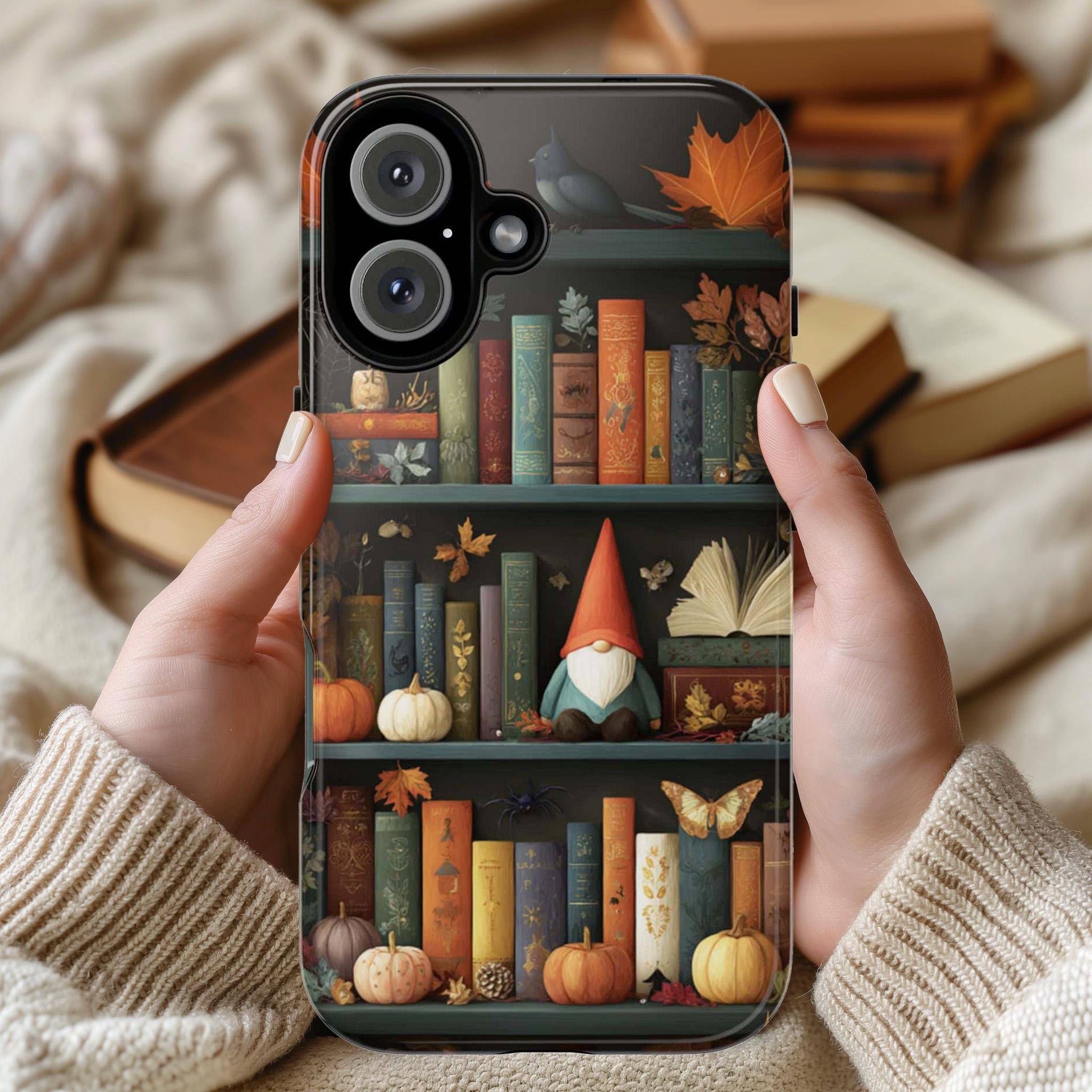 Library Gnome Fall Phone Case, Cute Halloween Gnome with Books, Book Lover Cover for iPhone 17 16 15 Tough or Magsafe, Samsung, 480.6