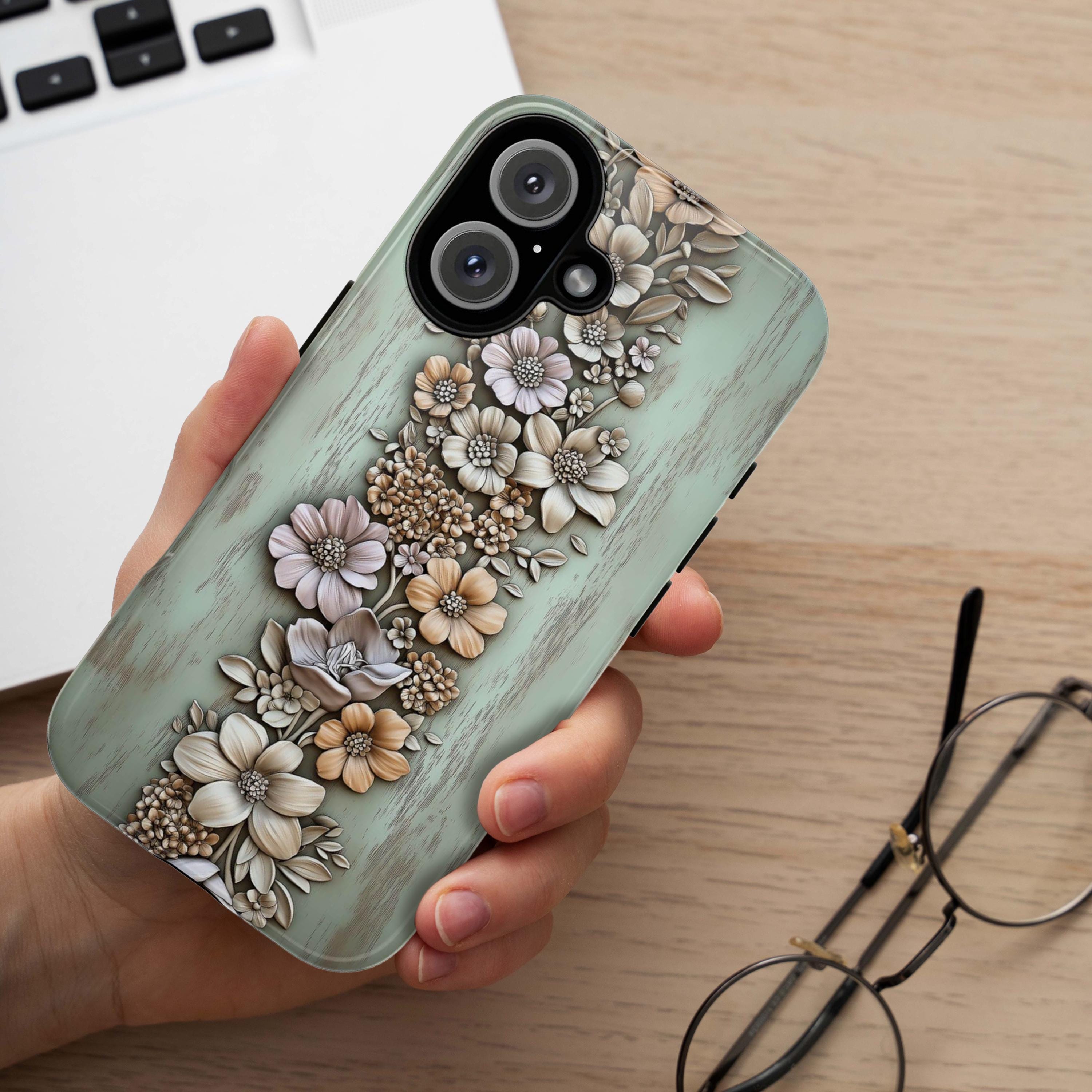 3D Rustic Beige Floral Phone Case, Pastel Artistic Wood Carved Look Design for iPhone 16 15 14 13 Tough or Magsafe, Samsung S24, 439.15