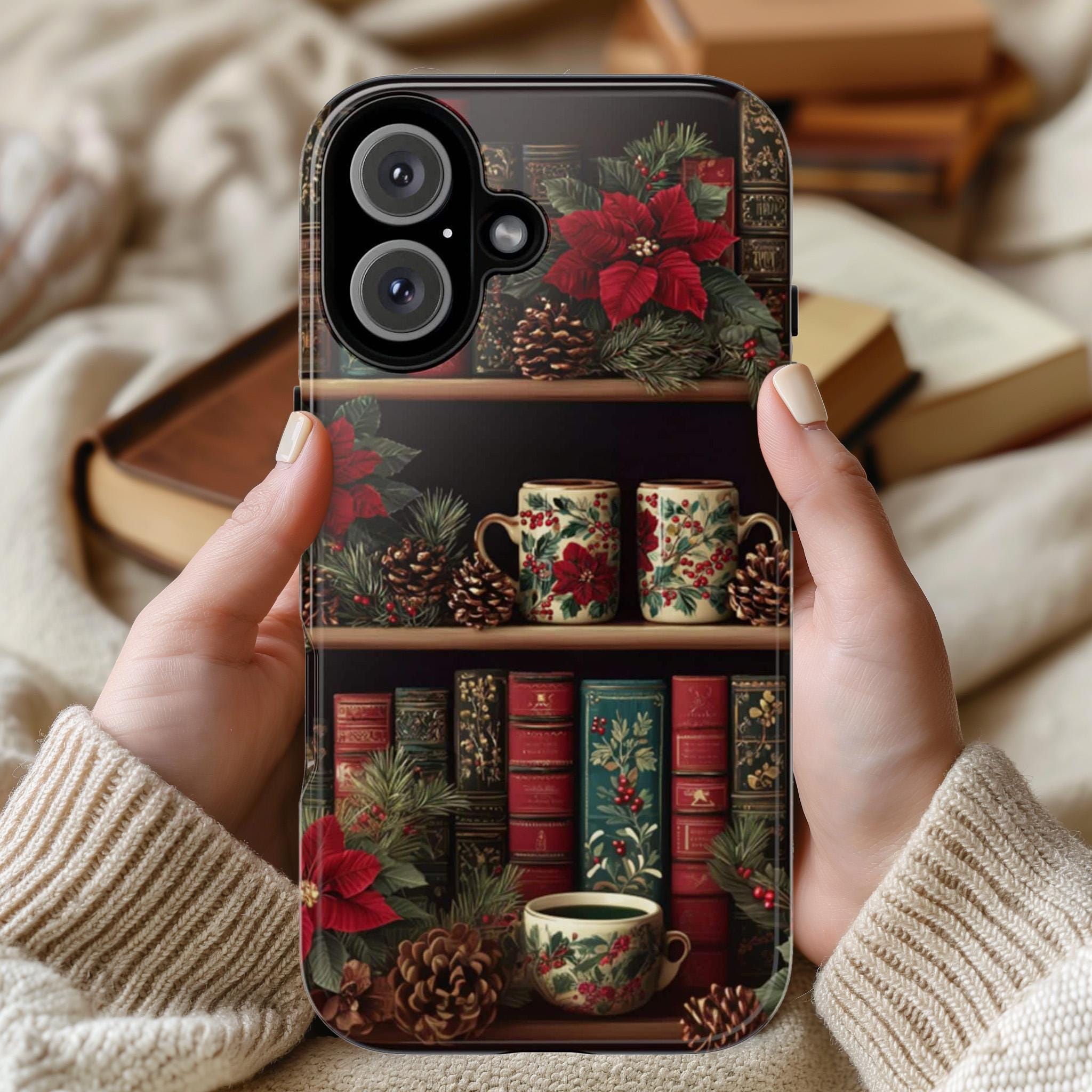 Christmas Bookshelf Phone Case, Holiday Mugs & Poinsettia Floral Cover for Tough or MagSafe for iPhone 17 16, Samsung S25, 423.34
