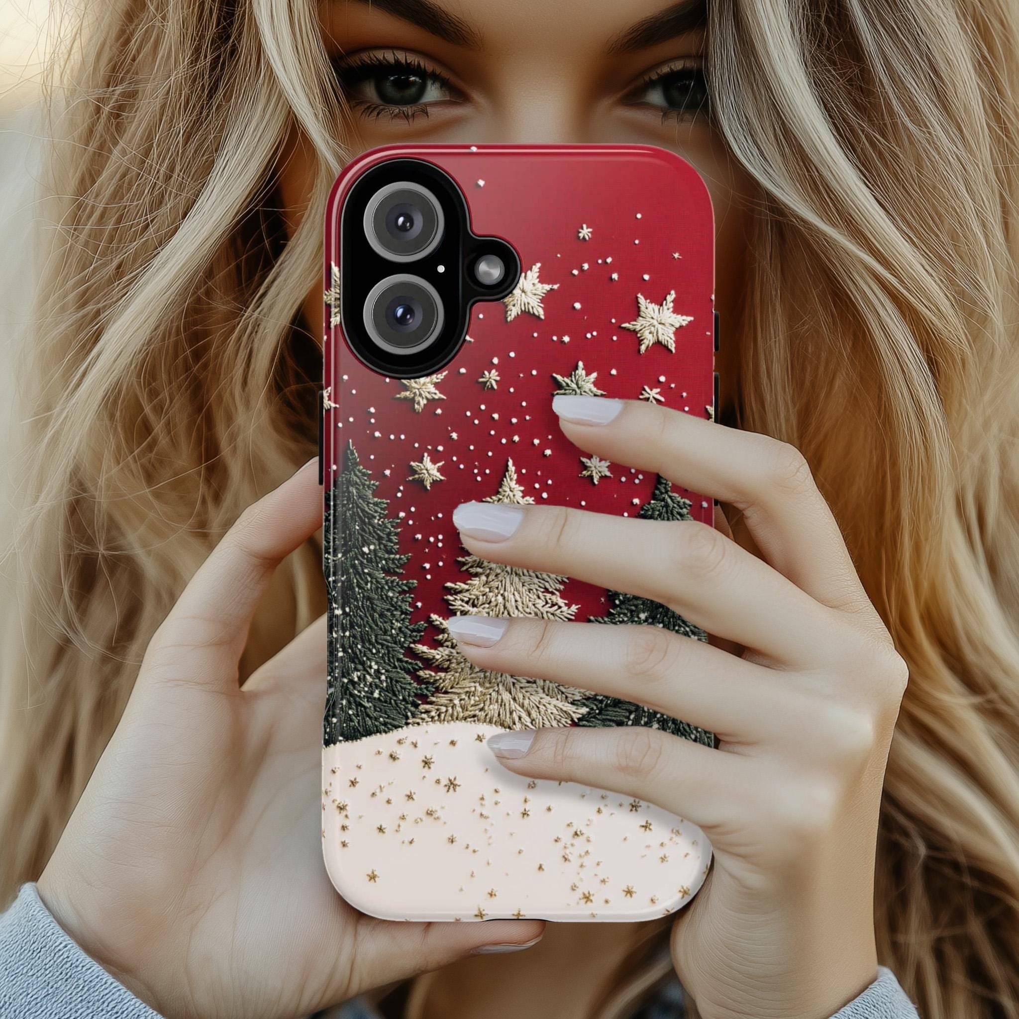 Christmas Tree & Star 3D Winter Phone Case, Embroidered Festive Holiday Phone Cover for iPhone 16 15 14 13 Magsafe Plus, Samsung S24, 444.1
