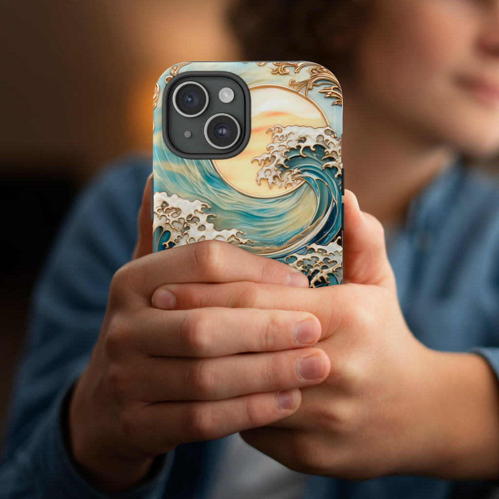 Ocean Waves & Sun Rays Stained Glass Design Illusion Print Tough Phone Case For iPhone 16 15 14 13 Tough or Magsafe, Galaxy S25, Pixel, 343