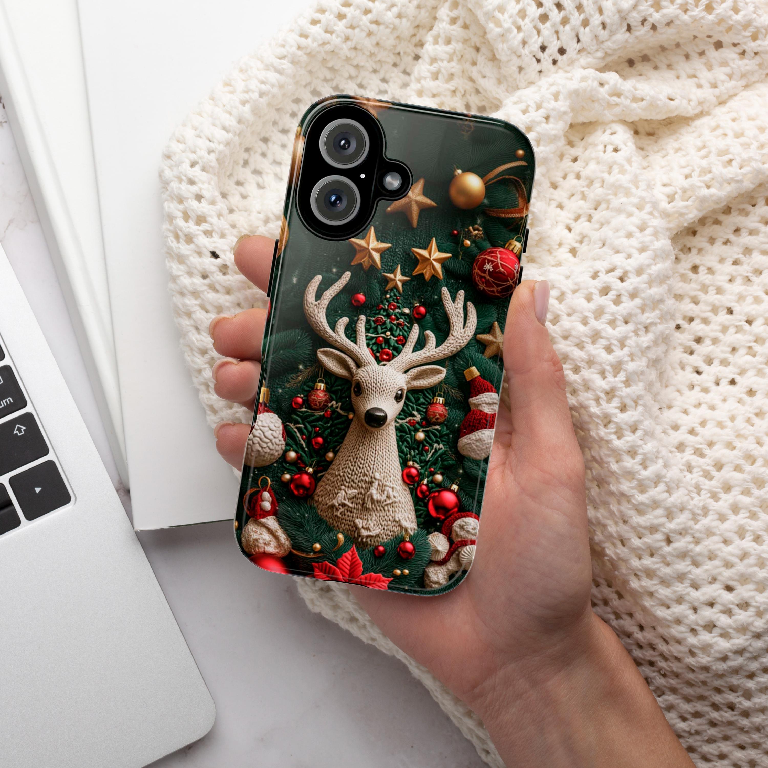 3D Knitted Christmas Reindeer Phone Case, Festive Knit Effect Holiday Design, Christmas Ornaments Mobile Cover, Protective Xmas Gift, 443.2