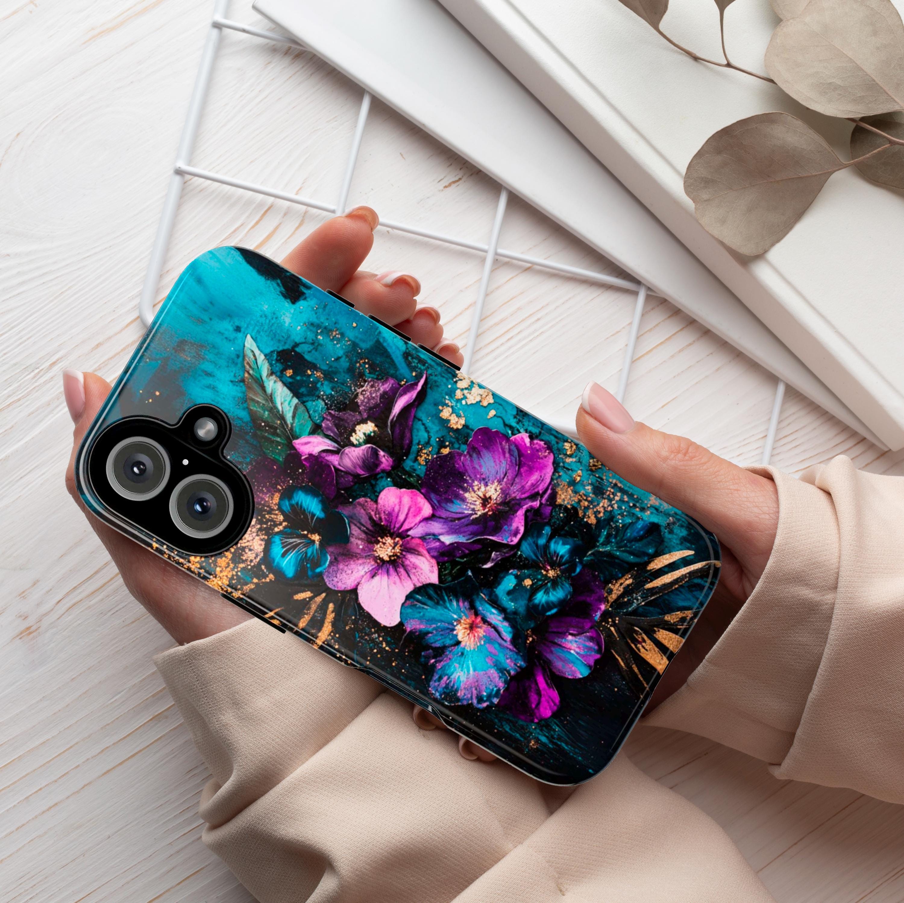 Purple Floral Art Phone Case, Glitter Blossom Painted Design, Teal Floral Case iPhone 16 15 14 13 Pro Max Plus Magsafe, Samsung S24, 436.1