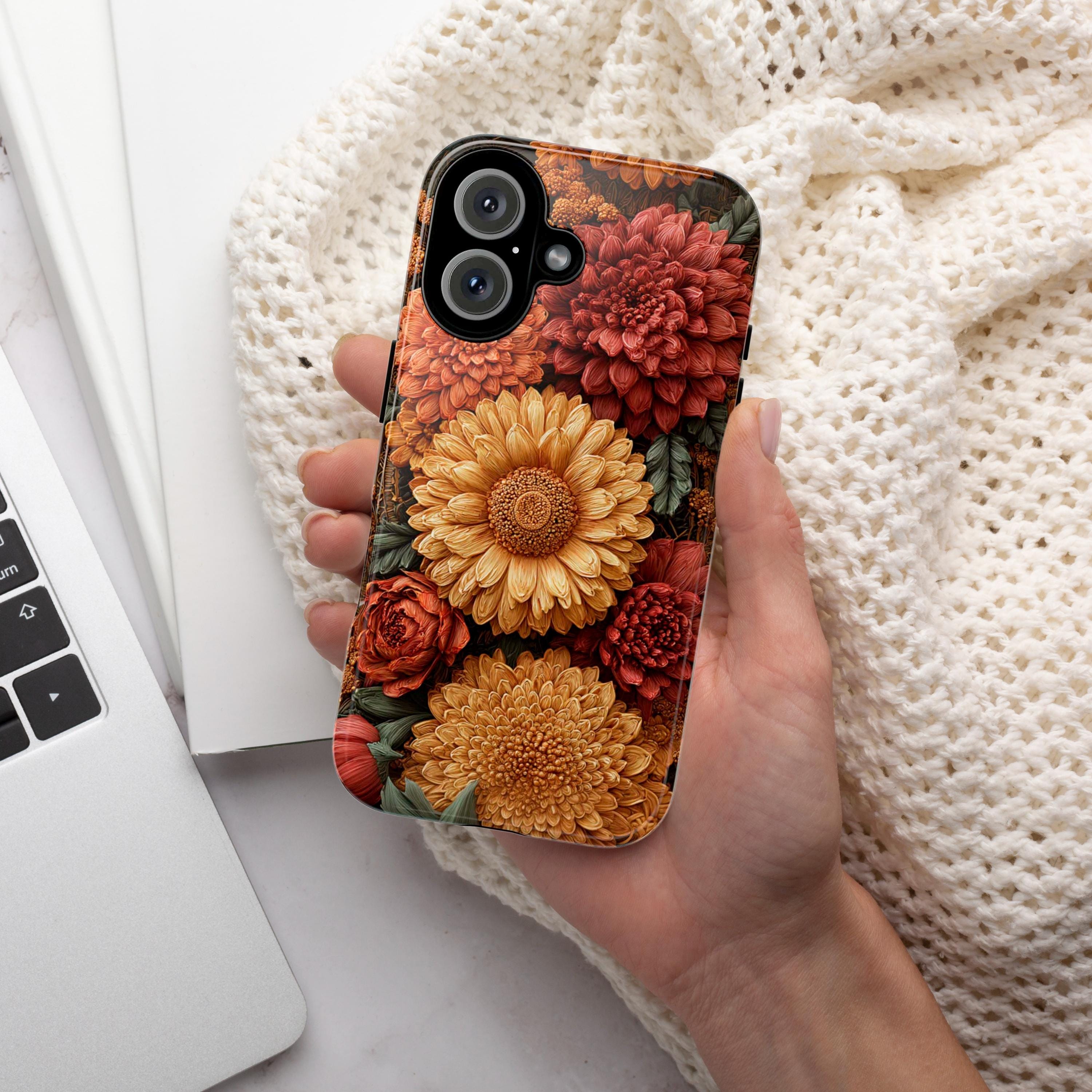 Autumn Chrysanthemum Phone Case in Soft Pastel Colors | Elegant Fall Floral Cover for iPhone 16 15 Tough or Magsafe, Samsung, 476.33