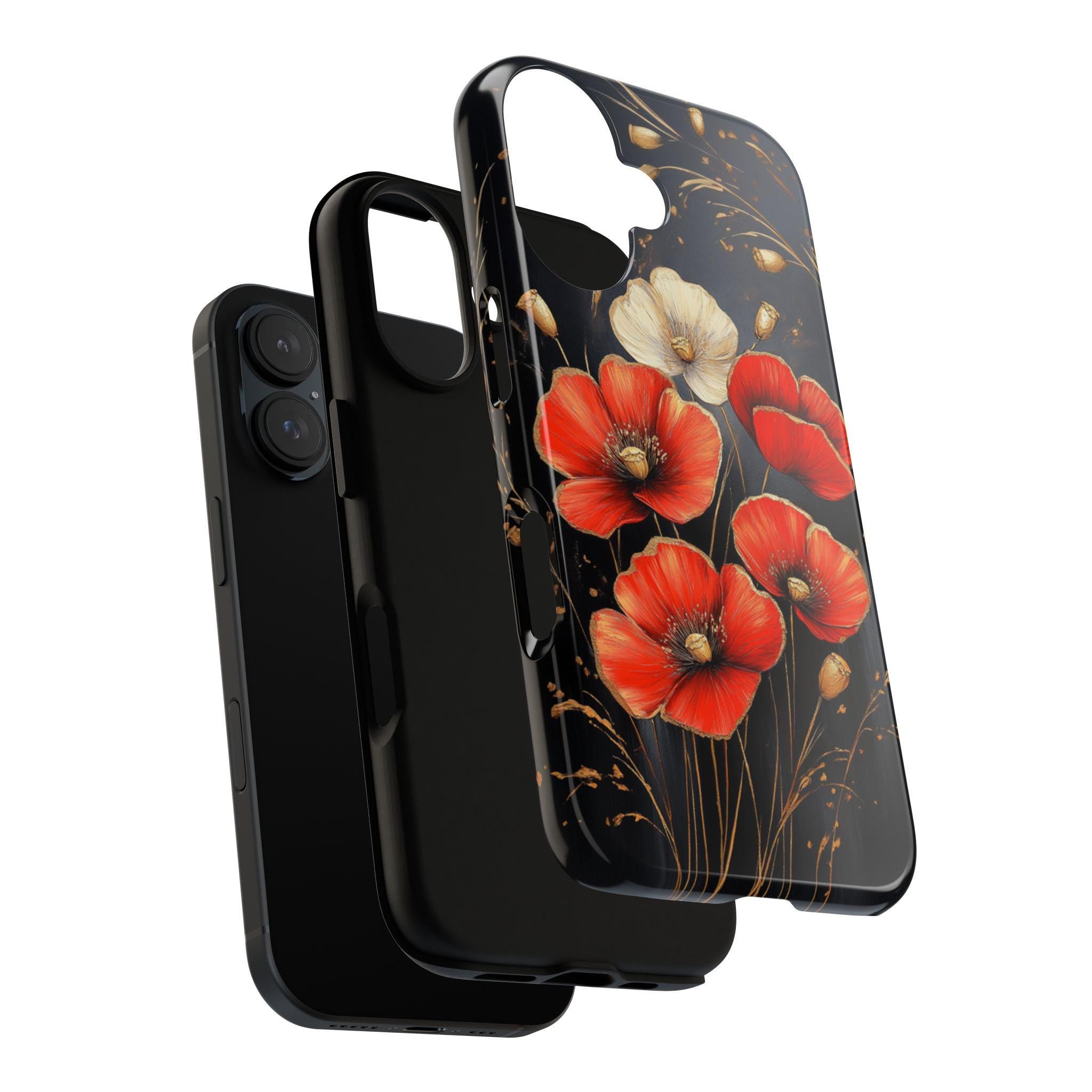 Elegant Poppy Phone Case with Gold, Red, and White Accents, Perfect for Flower Lovers Phone Case for iPhone 16, 15 Magsafe, Samsung, 459.4