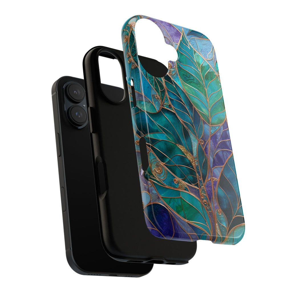 Green and Blue Leaf Phone Case with Gold Accents, Stained Glass Effect Artistic Nature Botanical Phone Cover for iPhone & Samsung, 478.7