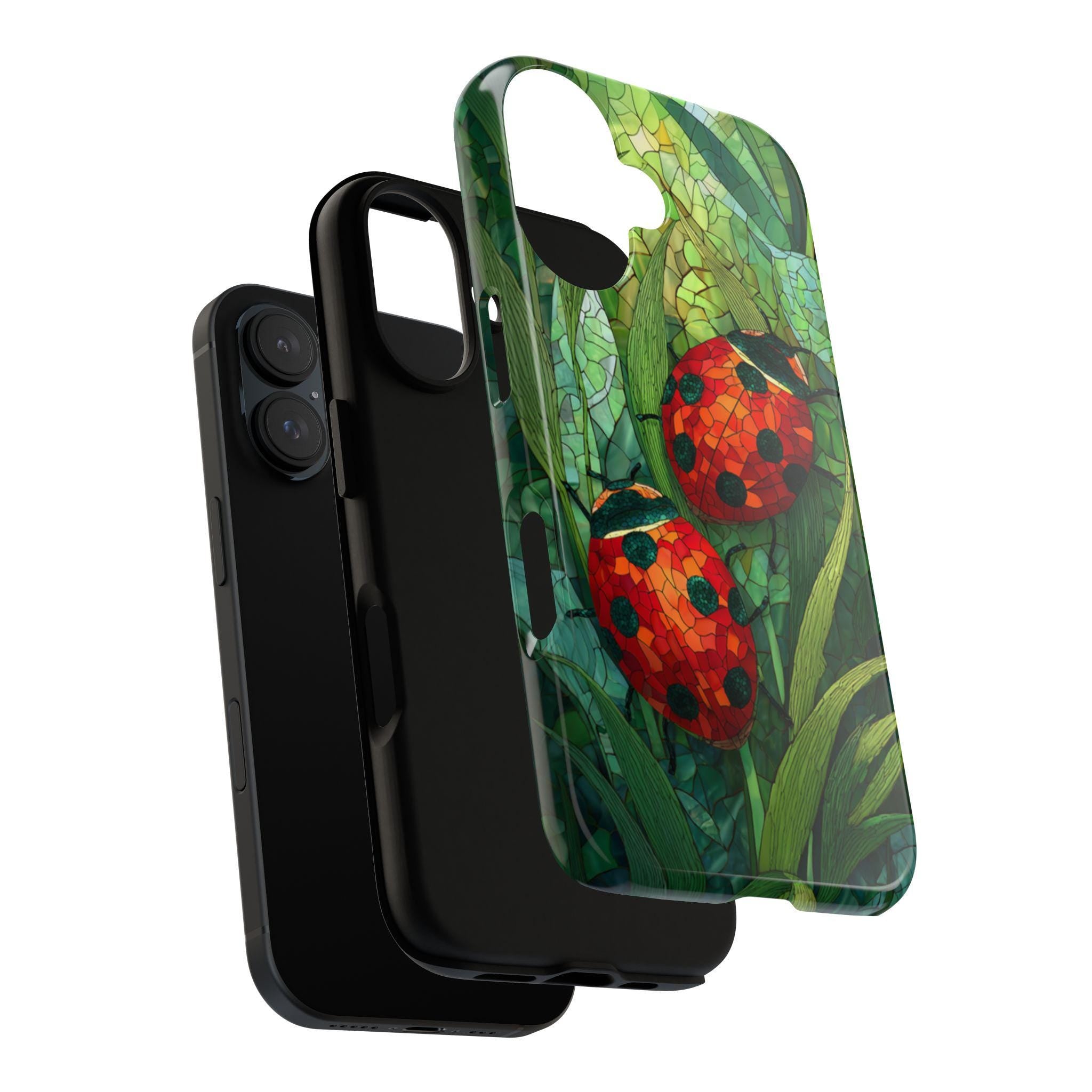 Stained Glass Ladybugs & Plants Phone Case, Artistic Nature Cover, Garden Design for iPhone 16 15 14 13 Tough or Magsafe, Samsung, 478.1