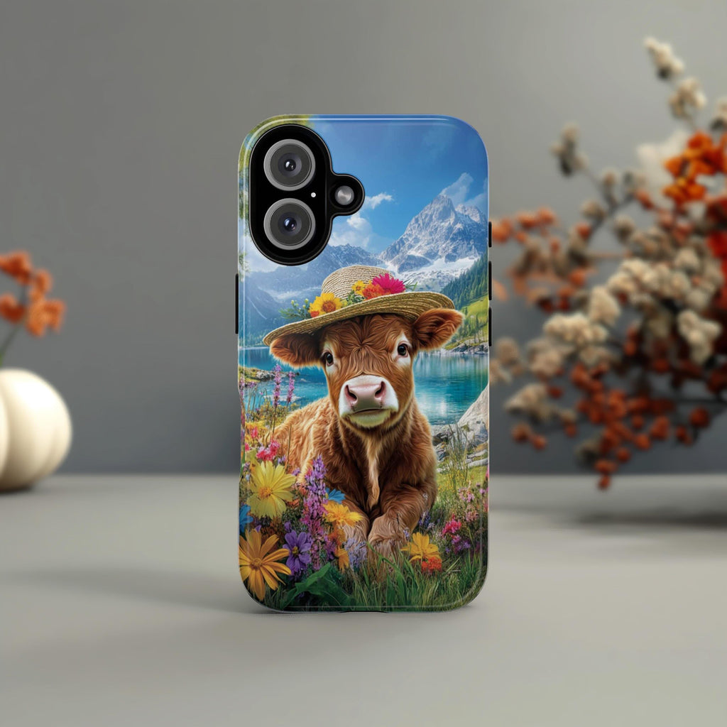 Cute Highland Cow Phone Case, Spring Meadow Floral Design with Mountain & Lake View Phone Cover for iPhone Tough or Magsafe, Samsung, 473.4