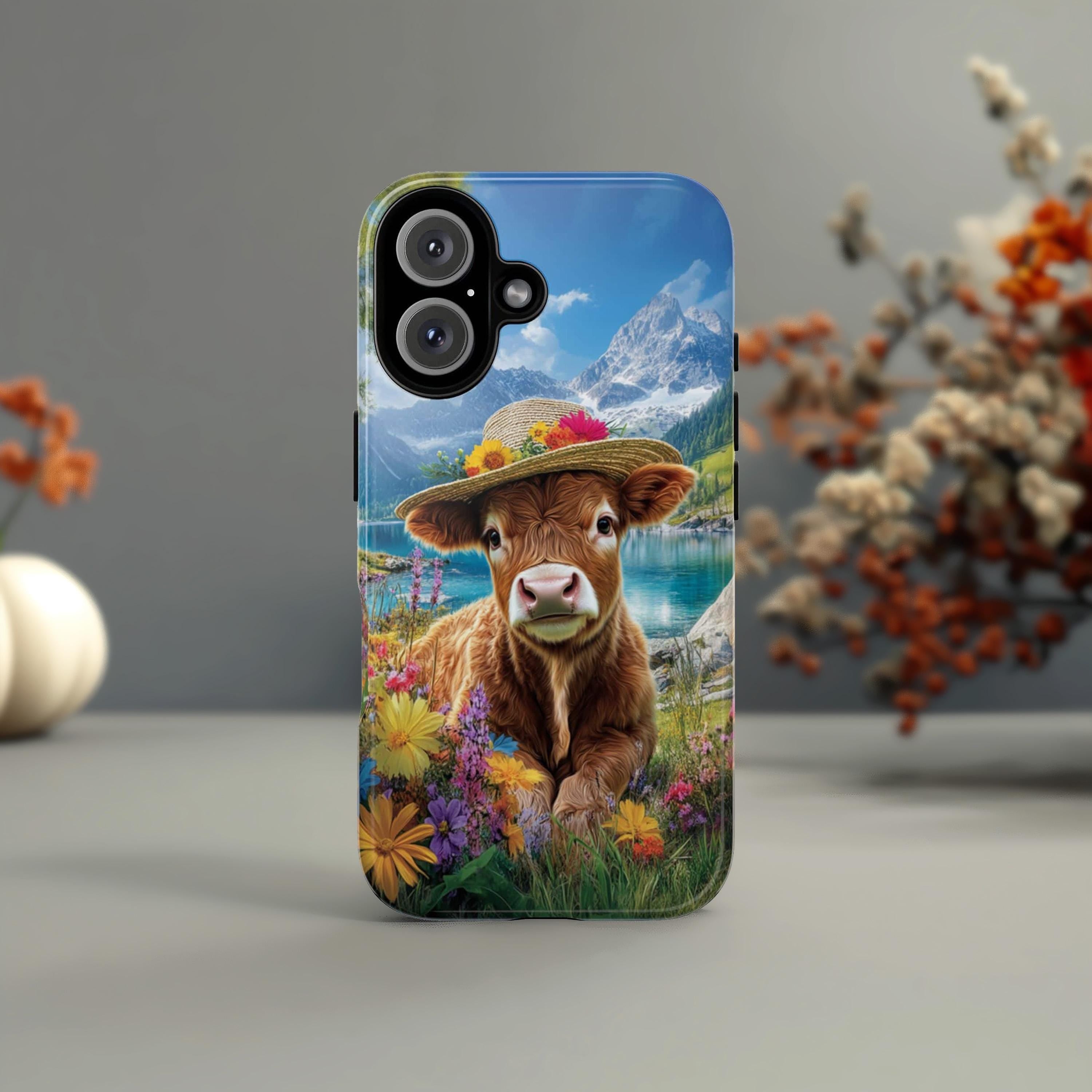 Cute Highland Cow Phone Case, Spring Meadow Floral Design with Mountain & Lake View Phone Cover for iPhone Tough or Magsafe, Samsung, 473.4