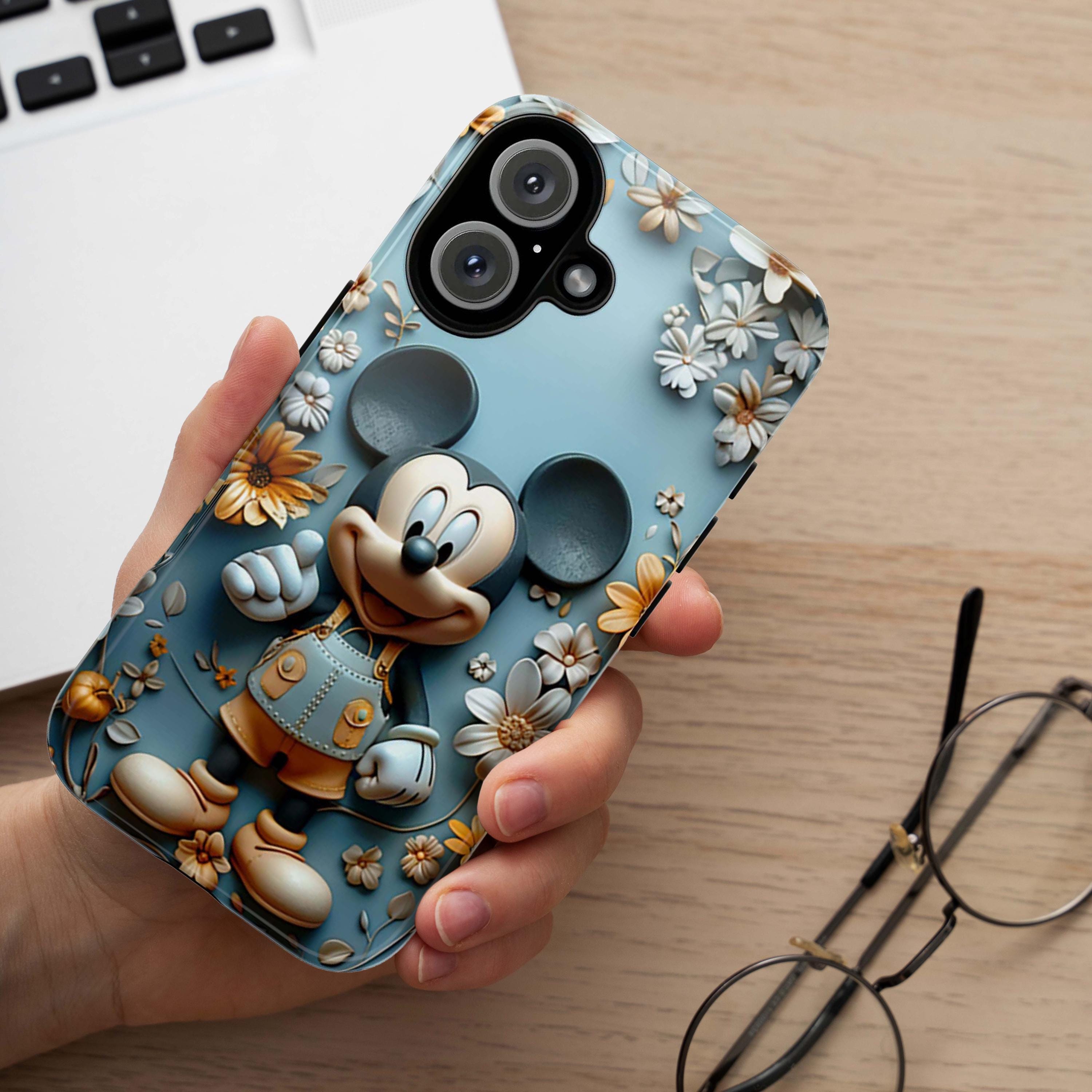Spring Floral Mickey Mouse Phone Case, 3D Disney Lover Phone Cover for iPhone 16 15 14 13 Pro Magsafe Samsung Galaxy S24, 442.40