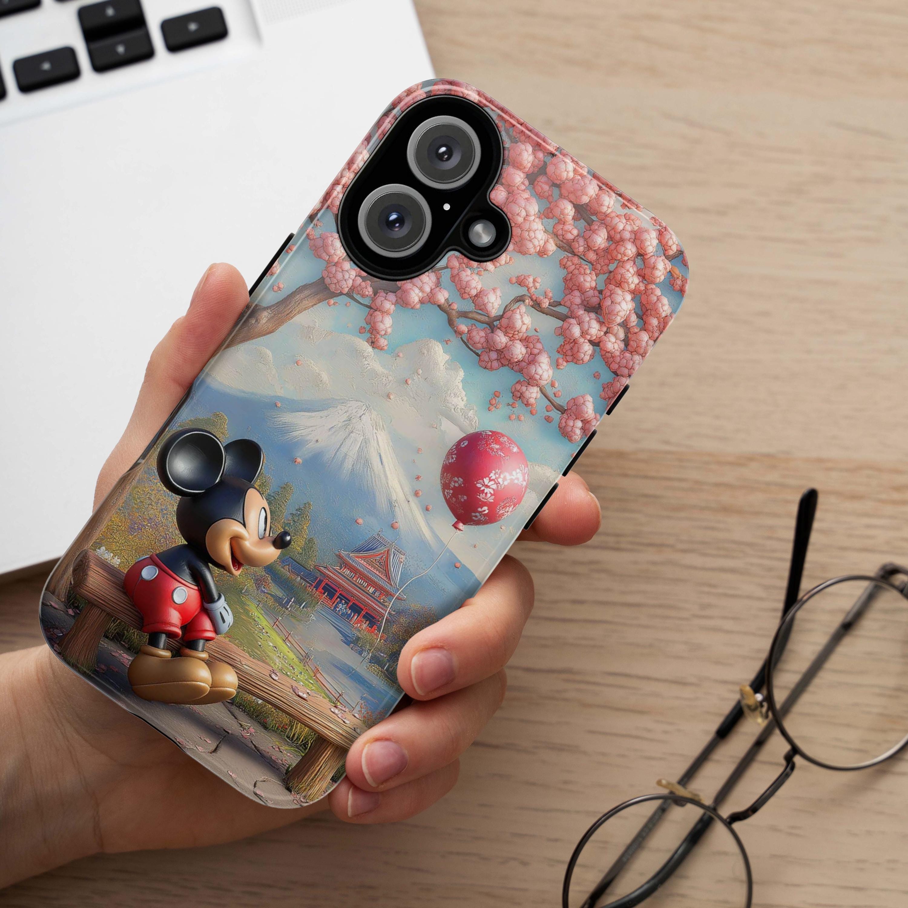Cherry Blossom and Mountains Mickey Mouse Phone Case, Tokyo Disneyland Phone Cover for iPhone 16, 15, 14 Magsafe & Samsung, Pixel, 442.48