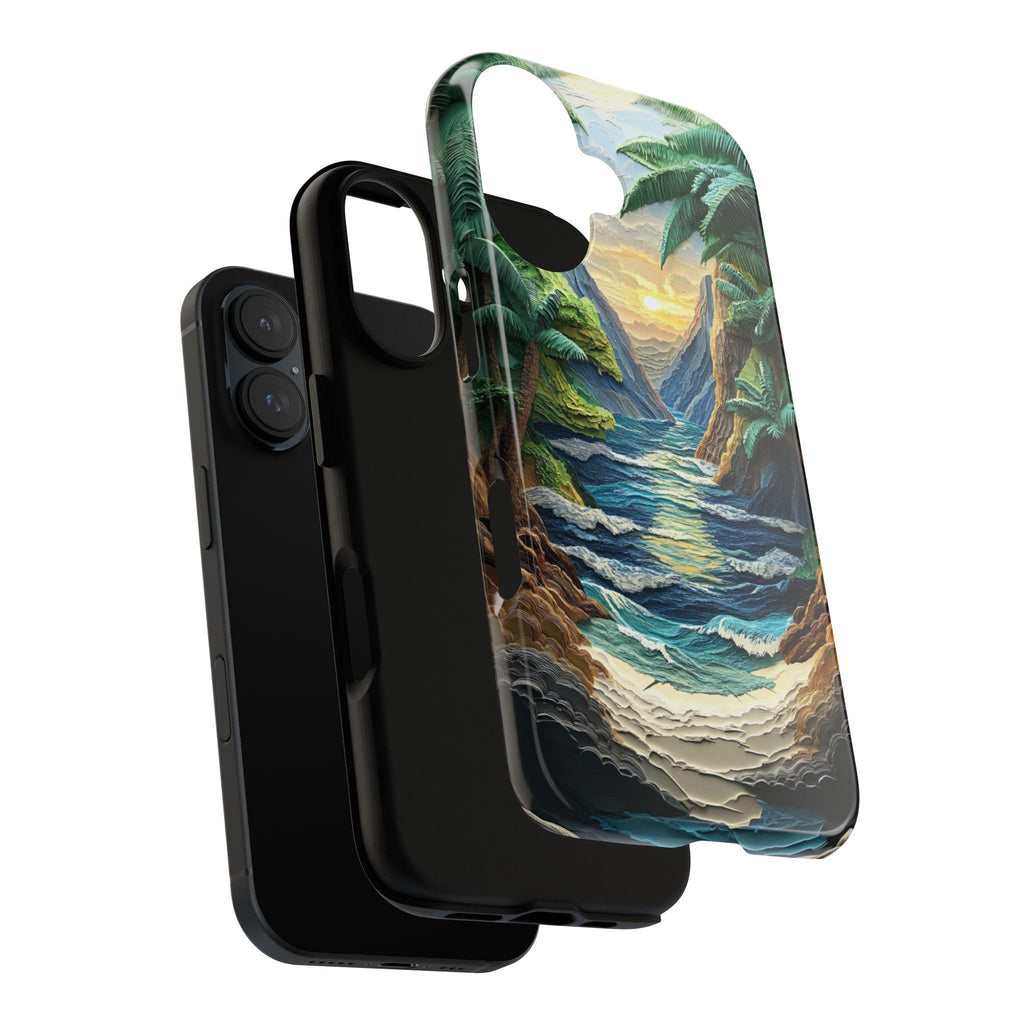 Mountain & Beach Wave Phone Case, 3D Paper Style Design, Layered Nature Landscape Cover for iPhone 16 15 Tough or Magsafe, Samsung, 470.5