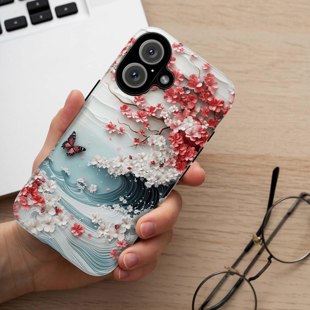 Japanese Cherry Blossom Wave Phone Case, 3D effect Floral & Butterfly Art Design for iPhone 16 15 14 Tough or Magsafe, Samsung S25, 469.7