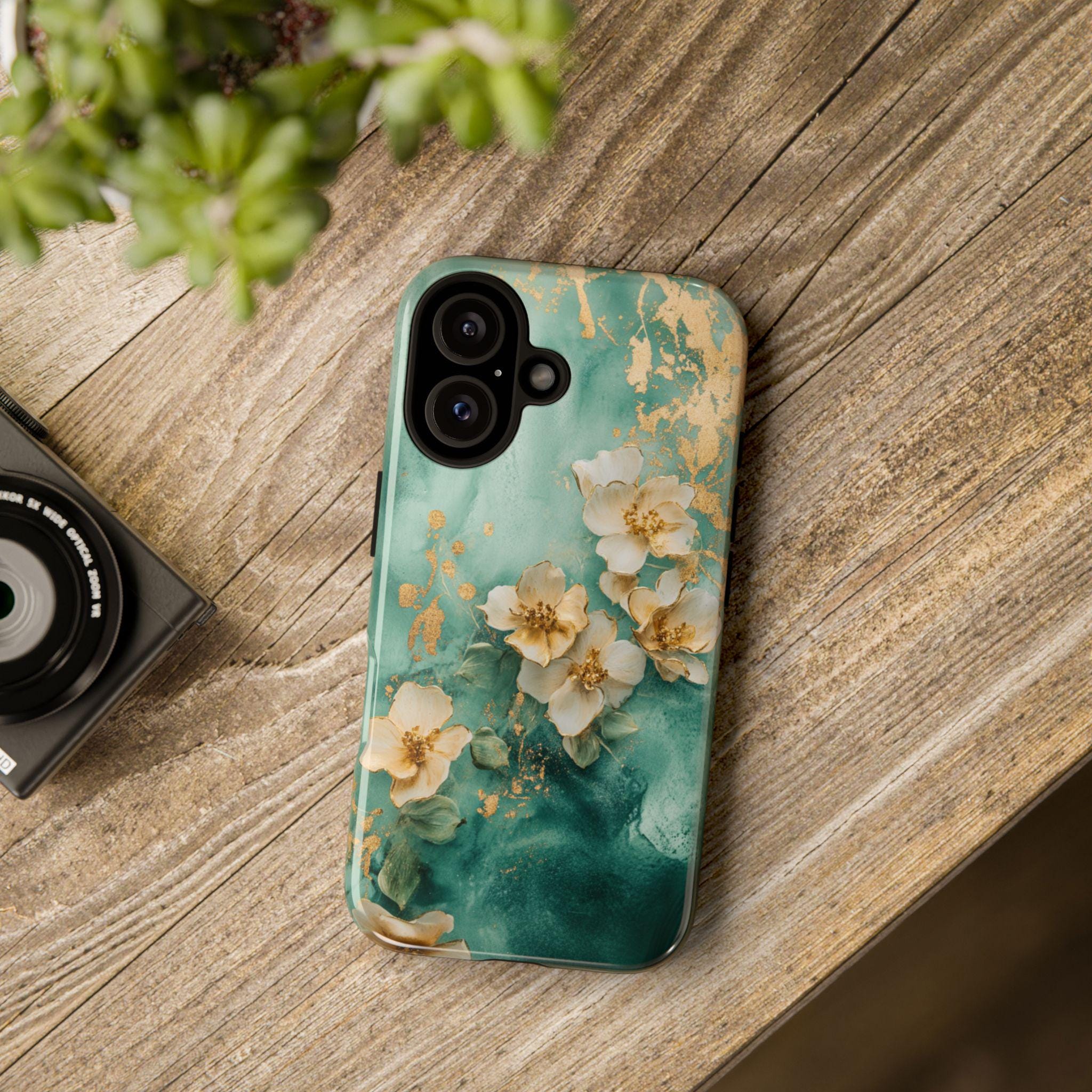 Pastel Golden Flowers Art Phone Case, Glitter Floral Design, Romantic Blossom Phone Cover for iPhone 16 15 Pro Max Plus, Samsung S24, 436.3