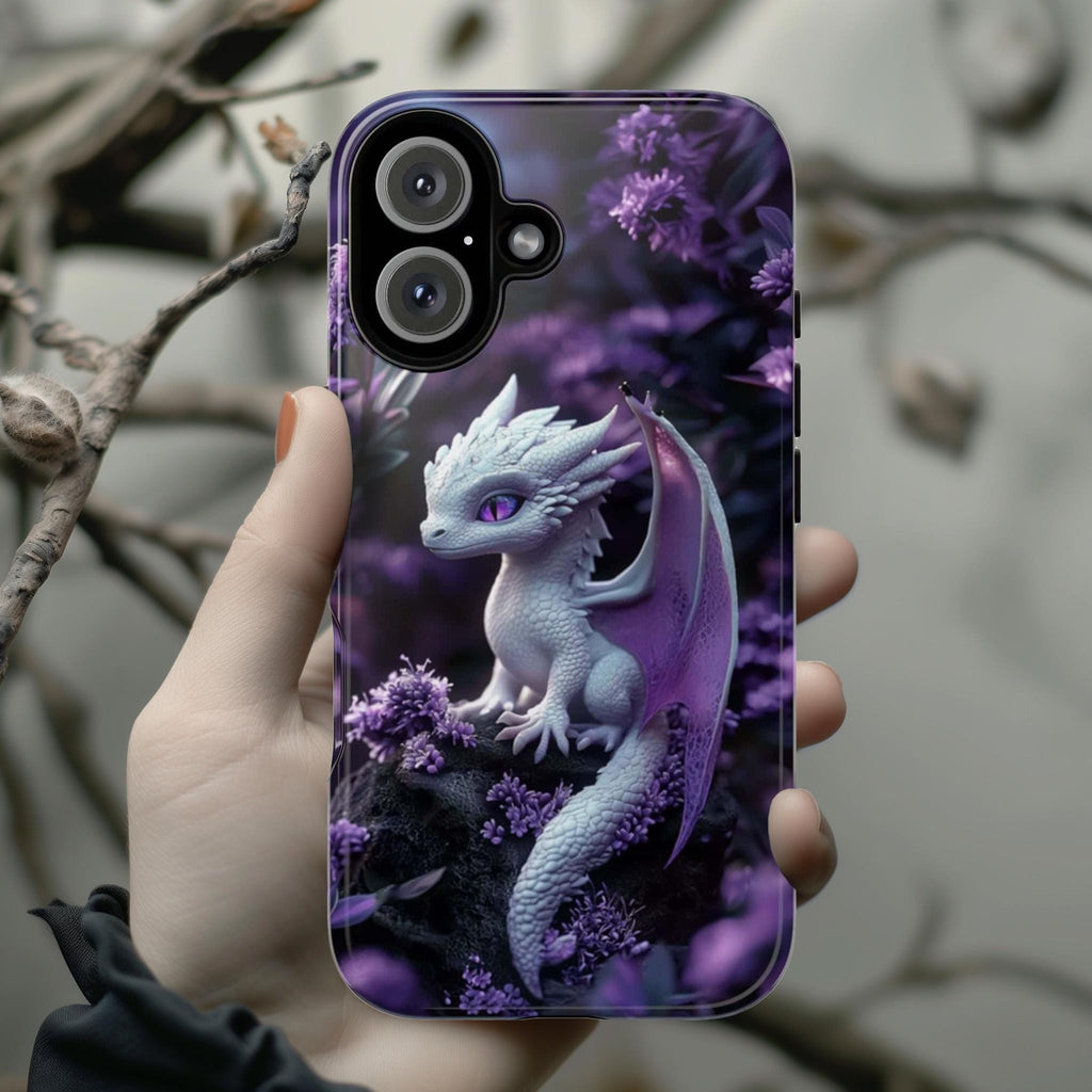 Cute 3D effect Baby Dragon Purple Floral Phone Case | White Baby Dragon Phone Cover for iPhone 16, 15, 14, 13 Tough or Magsafe, 421.9