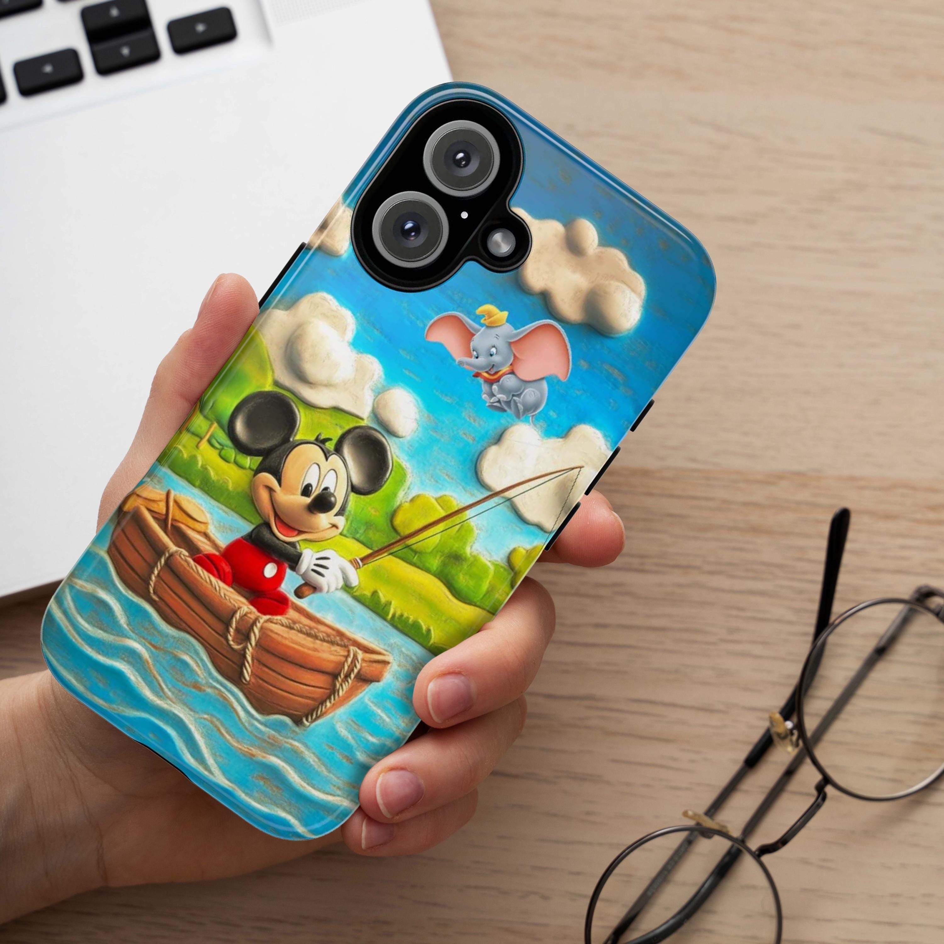 Mickey Mouse & Dumbo Fishing Phone Case, Cute Disney Cartoon Boat Scene Phone Cover for iPhone 16, 15, 14 Tough or Magsafe, Samsung, 442.49