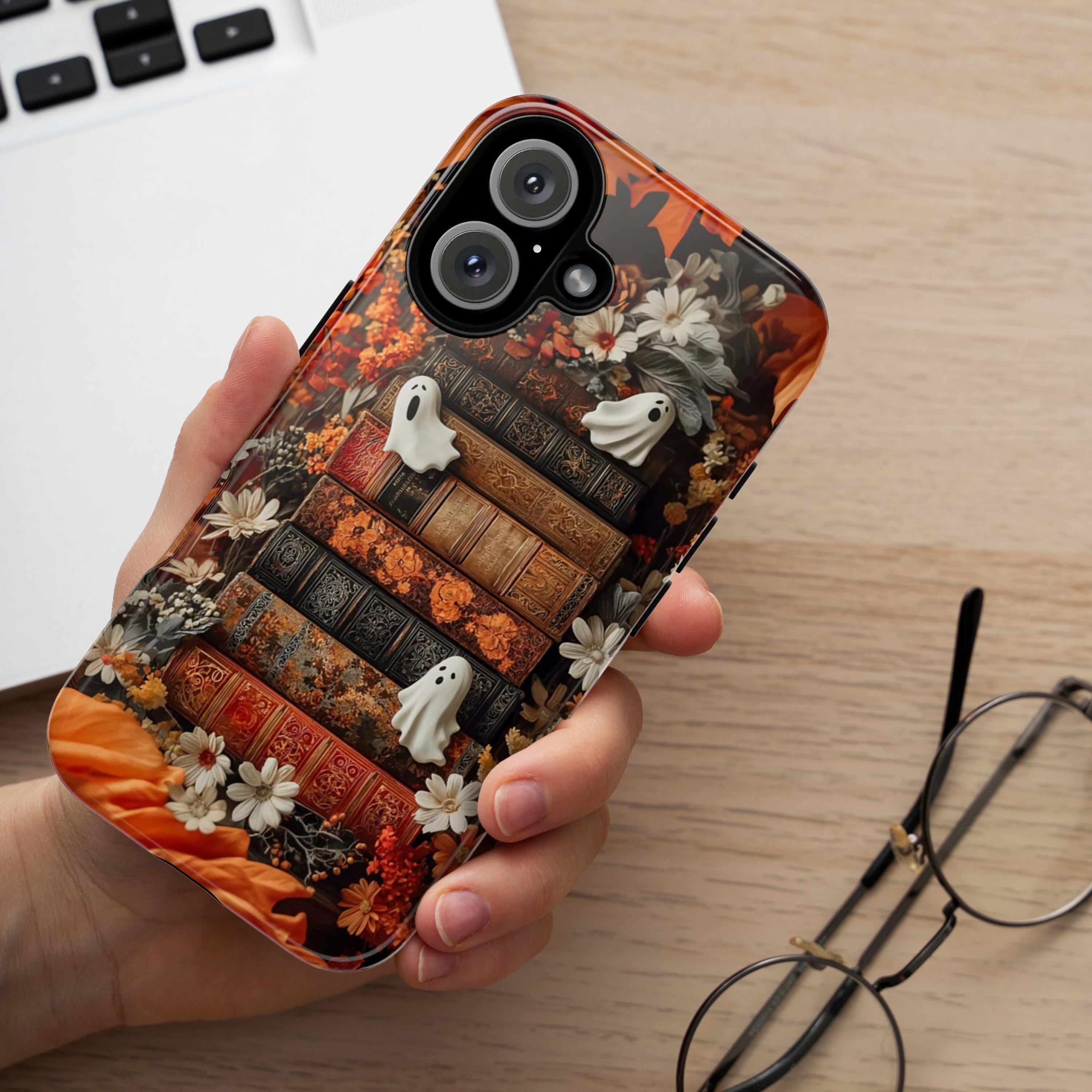 Cute Ghosts & Bookshelf Phone Case | Autumn Halloween Floral Case, Cozy Spooky Cover for iPhone 16 15 Tough or Magsafe, Samsung, 475.24