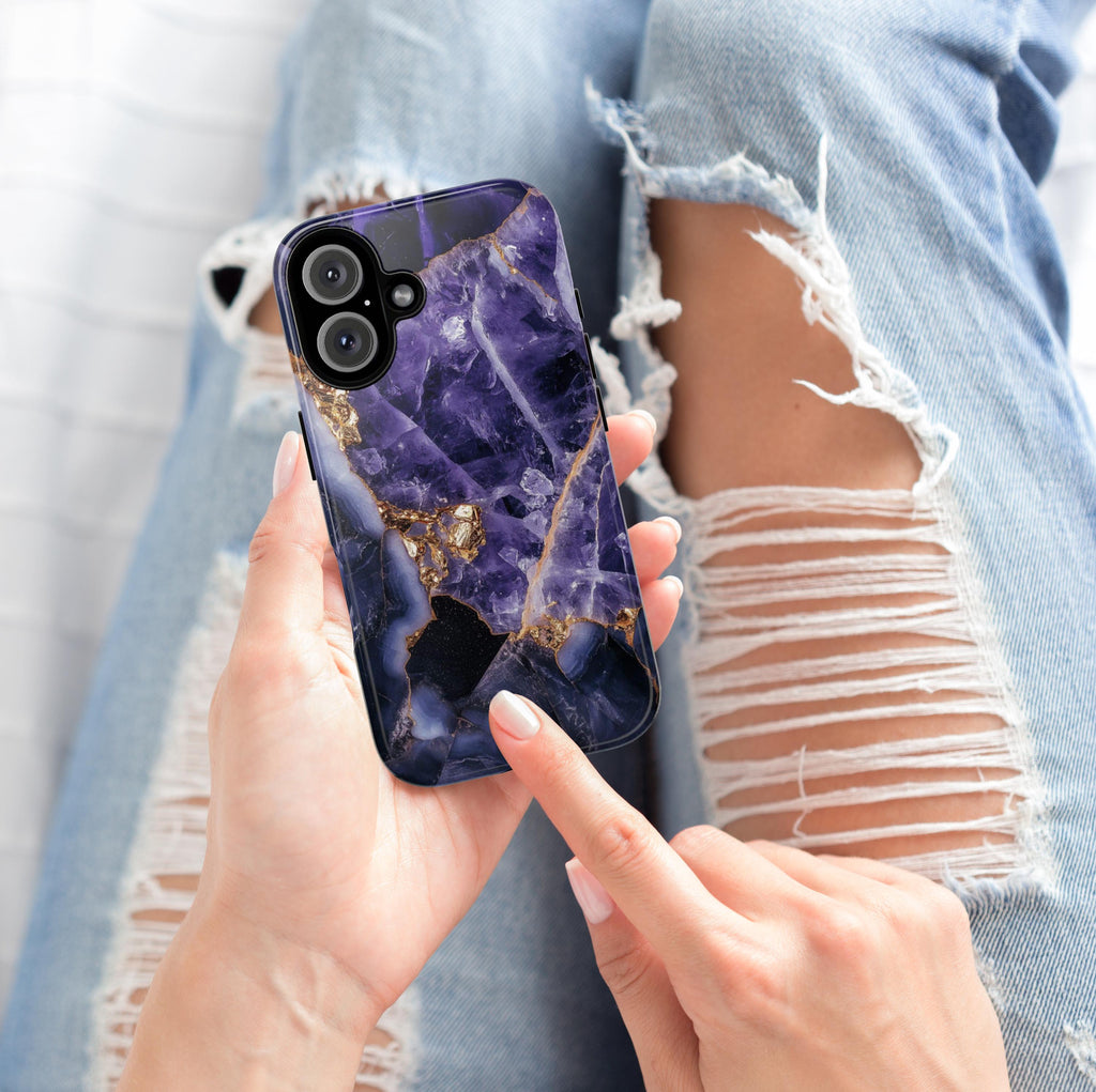 Purple Mineral Amethyst Phone Case with Gold, Aesthetic Lilac Amethyst Cover, Elegant Protective Cover for iPhone & Android Devices, 438.7