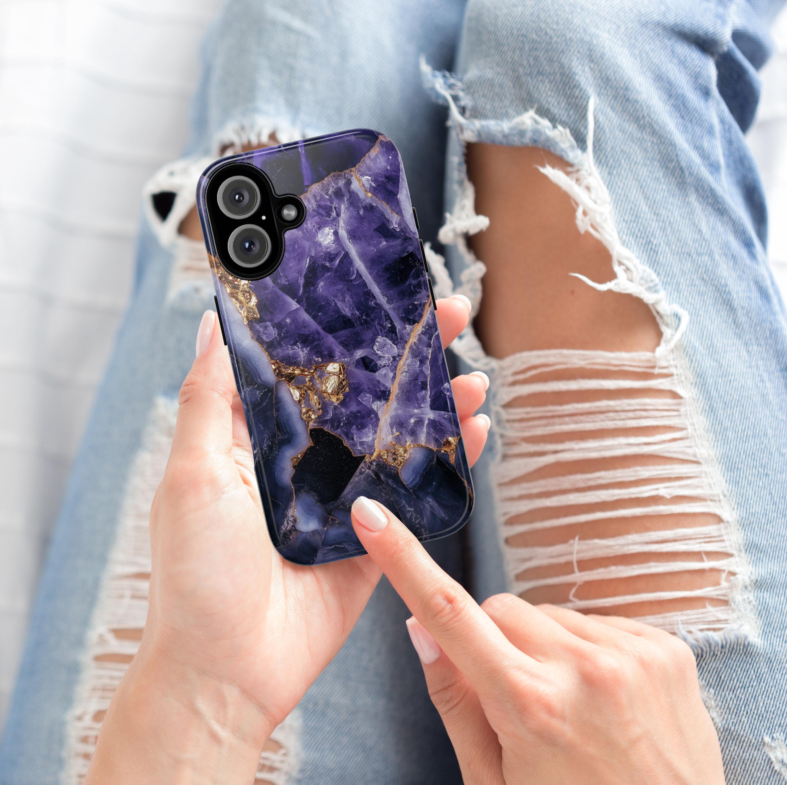 Purple Mineral Amethyst Phone Case with Gold, Aesthetic Lilac Amethyst Cover, Elegant Protective Cover for iPhone & Android Devices, 438.7