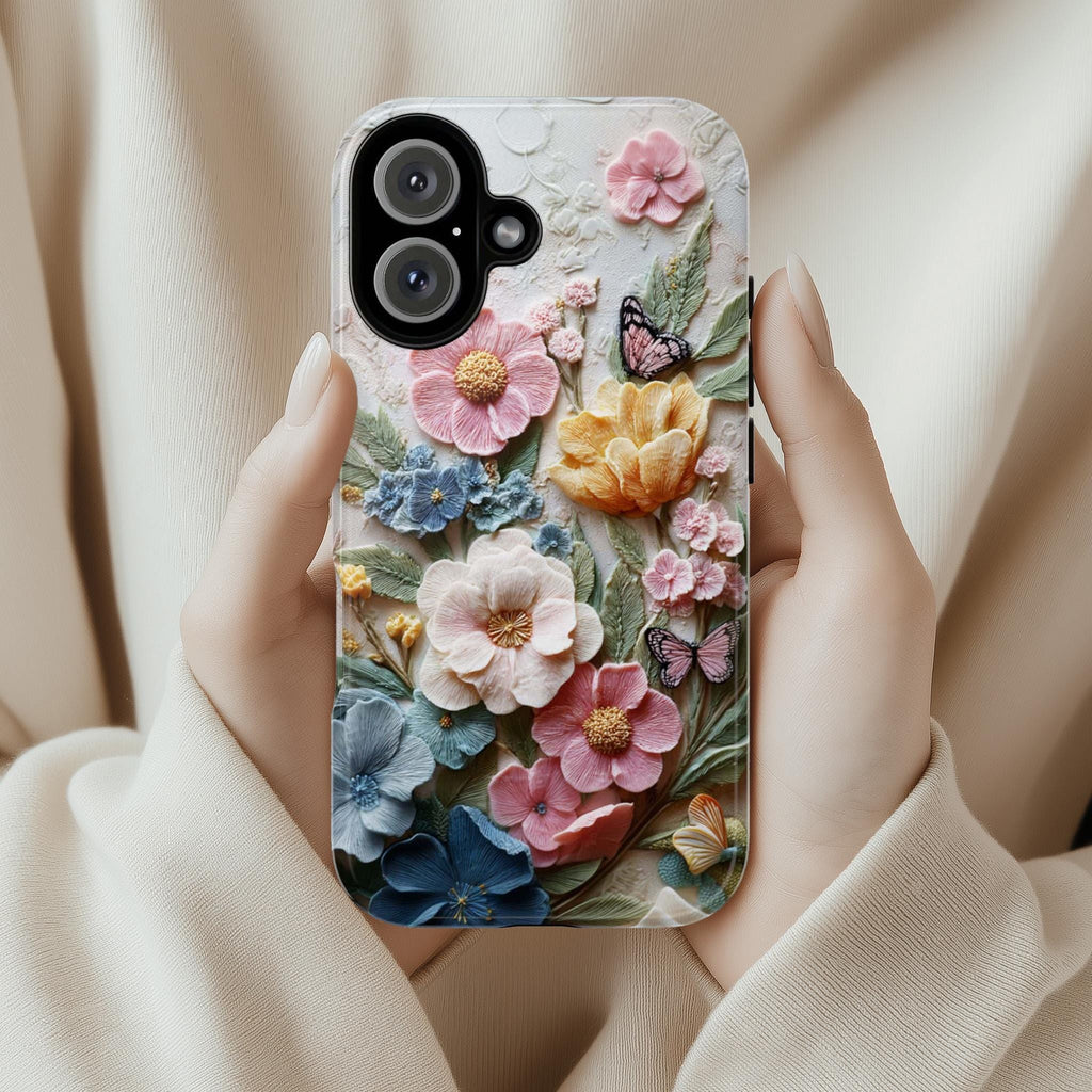 3D Flower and Butterfly Phone Case with Wool Felt Effect, Soft Textured Floral Design Cover for iPhone Tough or Magsafe, Samsung, 476.18