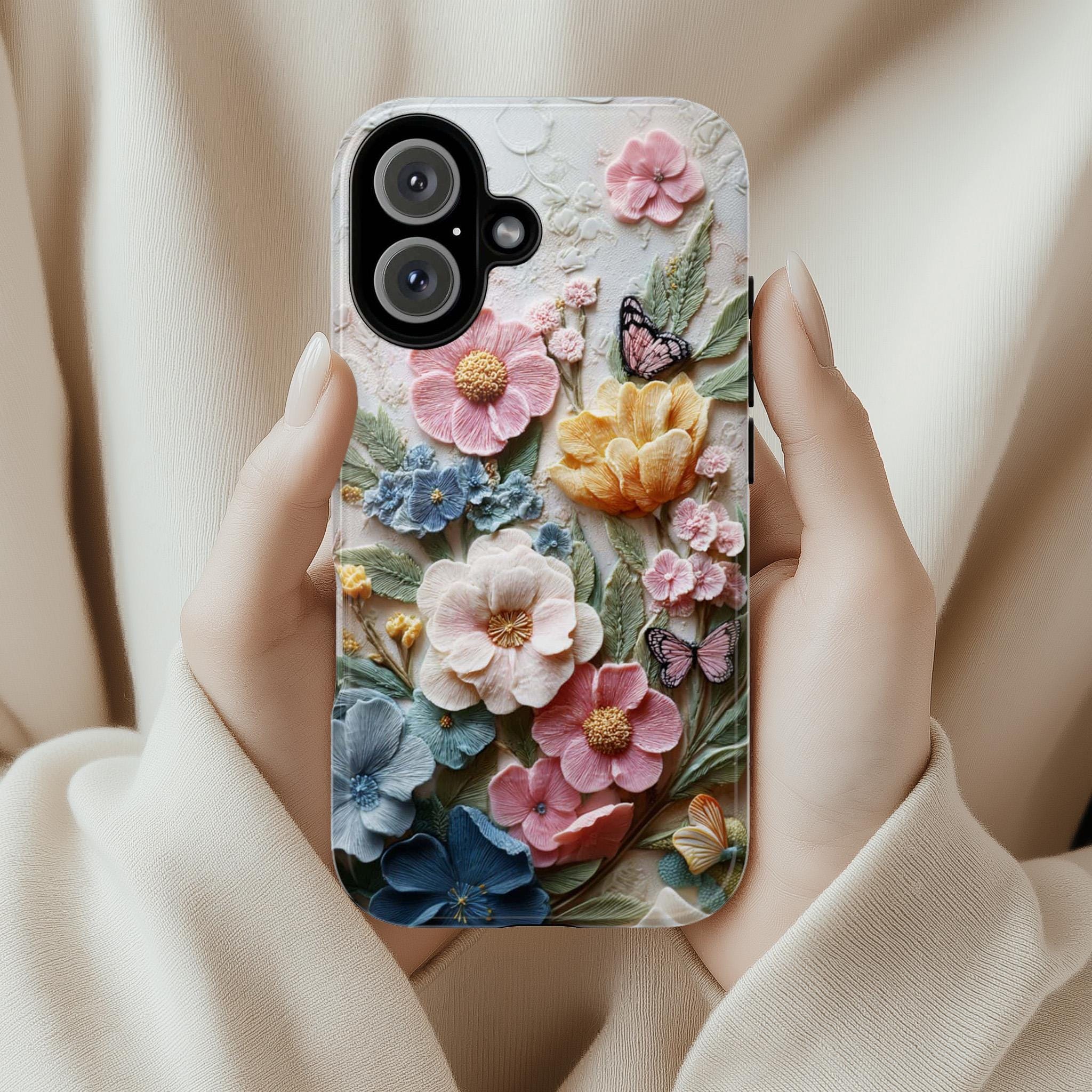 3D Flower and Butterfly Phone Case with Wool Felt Effect, Soft Textured Floral Design Cover for iPhone Tough or Magsafe, Samsung, 476.18