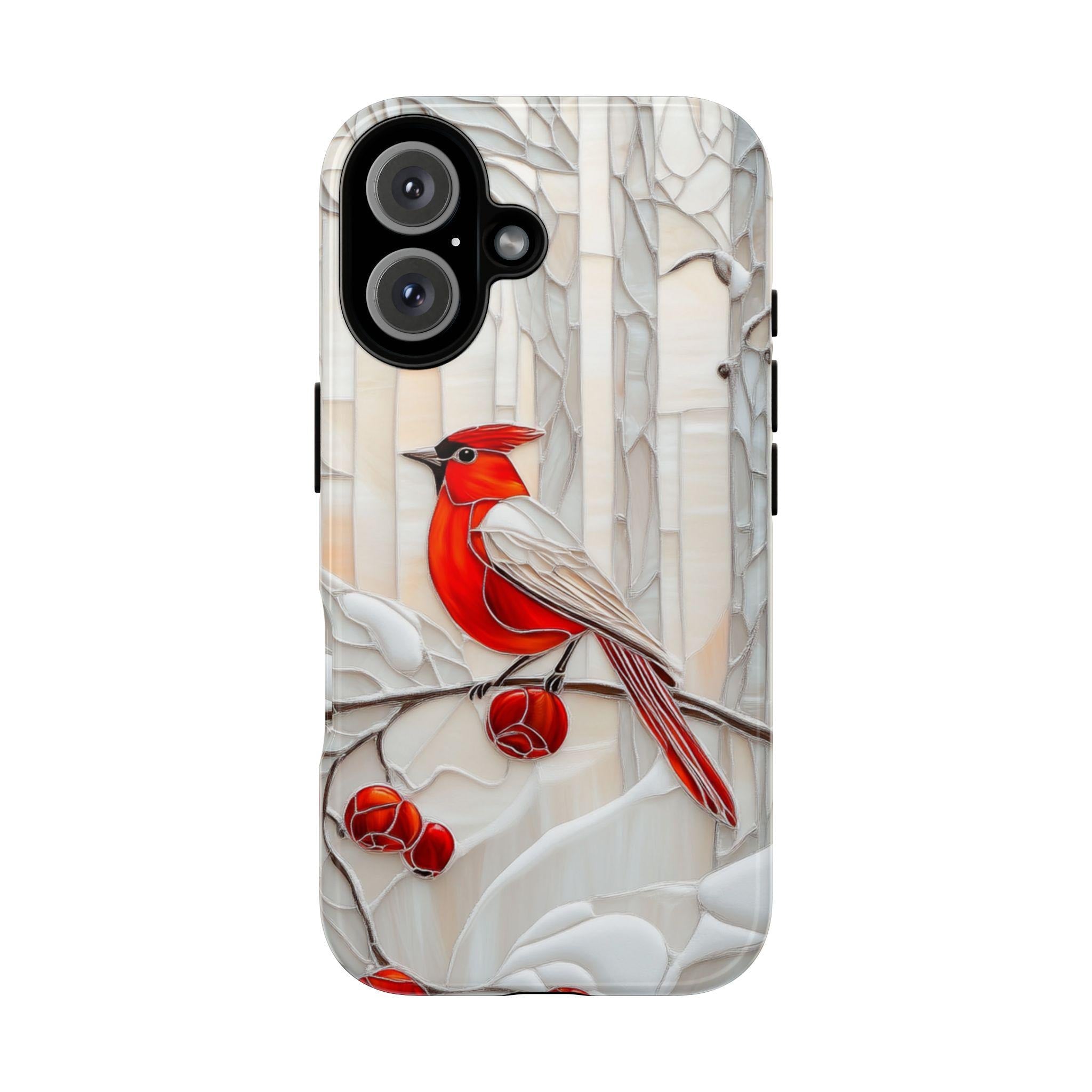 Stained Glass Winter Holiday Phone Case| Red Bird & Floral Design MagSafe for iPhone 16 15 14 13 Pro Max Plus, Samsung S24 Ultra, 420.9