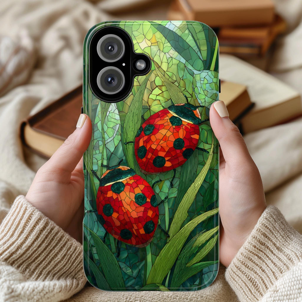 Stained Glass Ladybugs & Plants Phone Case, Artistic Nature Cover, Garden Design for iPhone 16 15 14 13 Tough or Magsafe, Samsung, 478.1