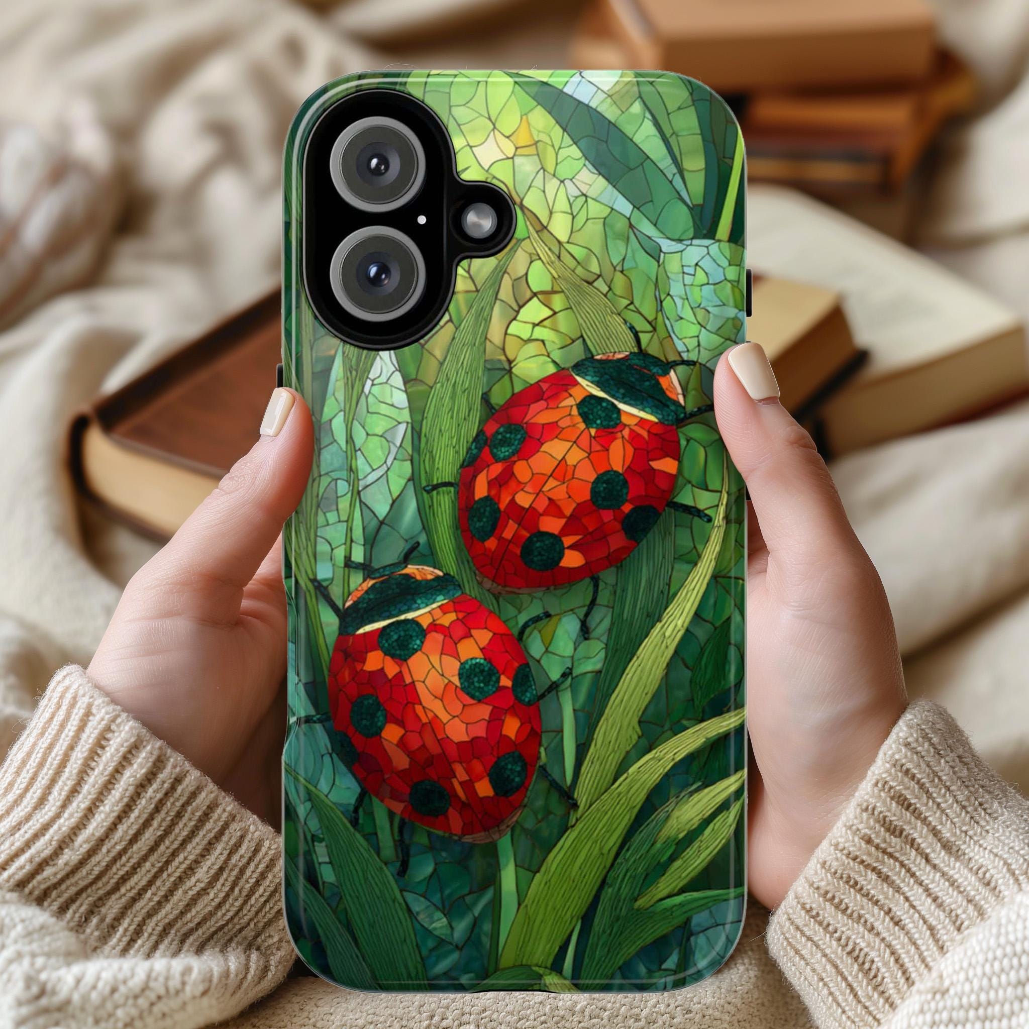 Stained Glass Ladybugs & Plants Phone Case, Artistic Nature Cover, Garden Design for iPhone 16 15 14 13 Tough or Magsafe, Samsung, 478.1