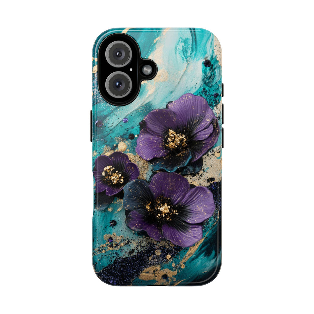 Purple 3D Floral Art Phone Case, Glitter Bloom 3D Design, Teal Floral Garden Case for iPhone 16 15 14 13 Pro Max Magsafe, Samsung S24, 436.2