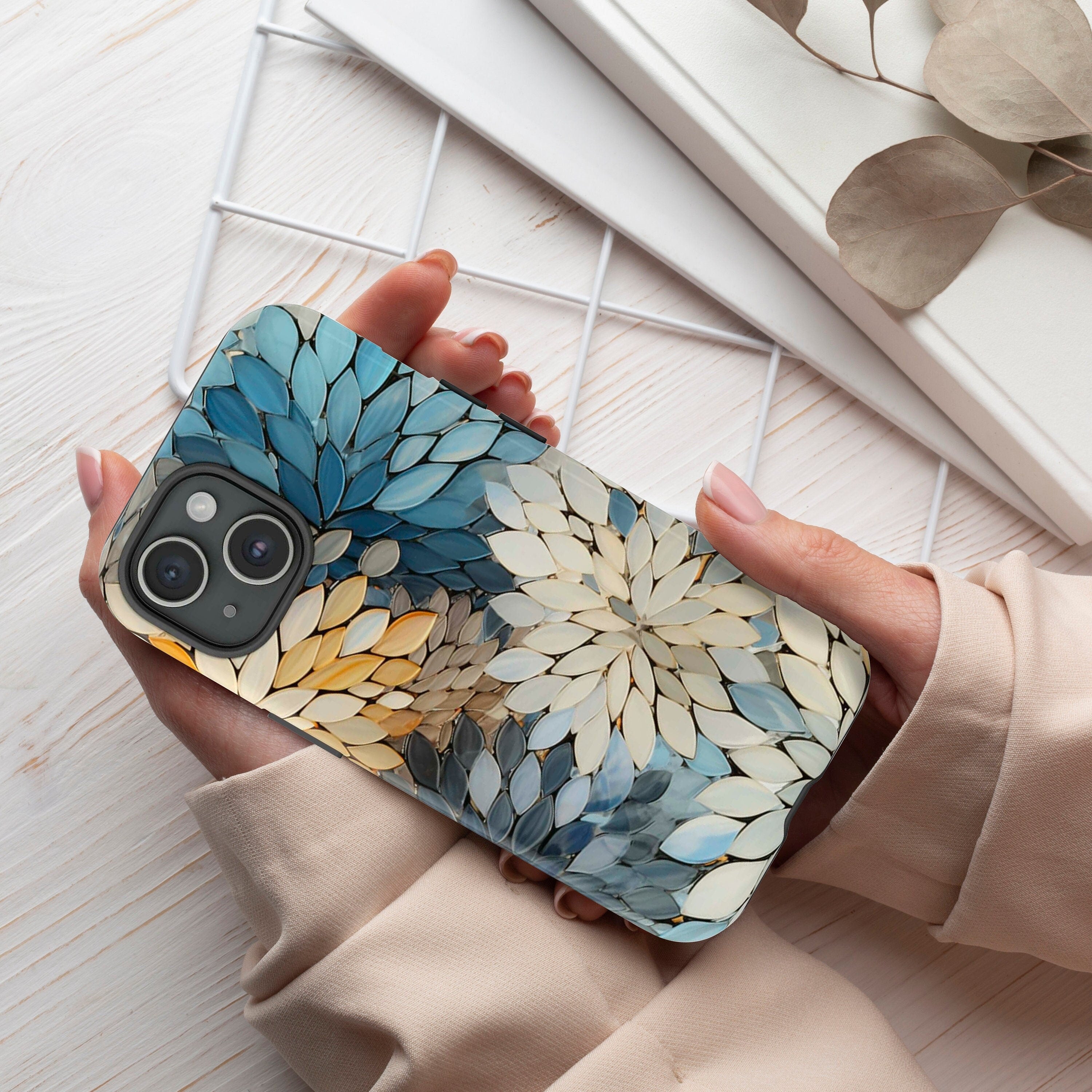Pastel Floral Stained Glass Illusion Print Tough Phone Case for iPhone 16 15 14 13 Pro Max Plus, MagSafe or ToughCase, Galaxy, Pixel 9, 334