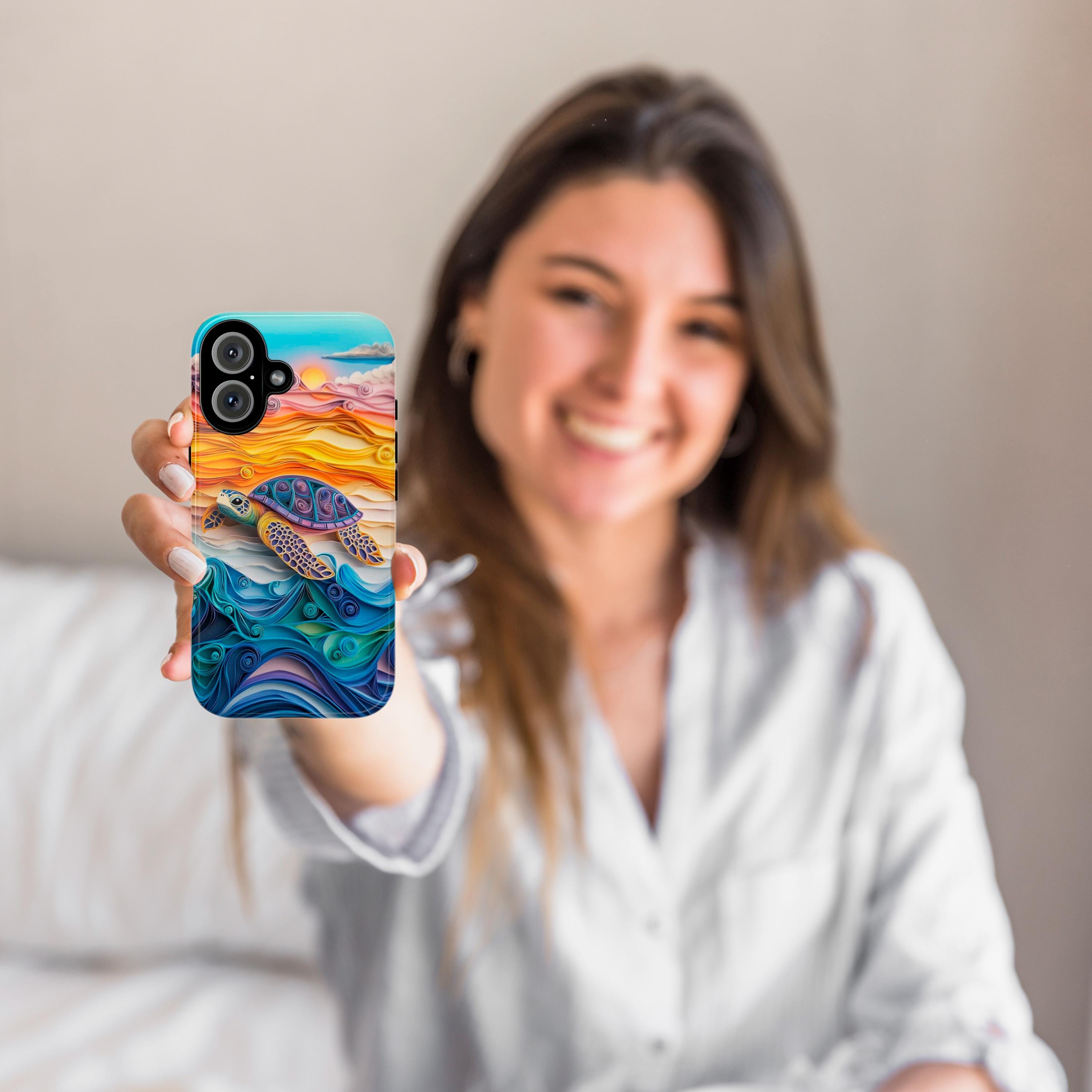 Sea Turtle Phone Case, Vibrant Rainbow Ocean & Sunset Quilling-inspierd Art Cover for iPhone 16 15 Tough or Magsafe, Samsung S25, 455.18
